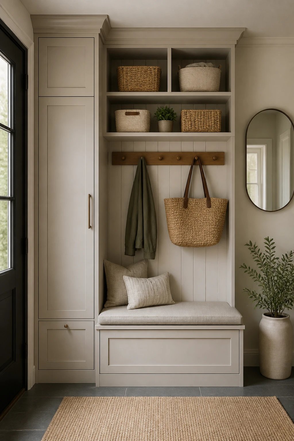 An organized mudroom-style entry with a hidden storage cabinet and a discreet storage bench, open shelving above showing baskets for daily items, plus a small mirror and a neutral color scheme