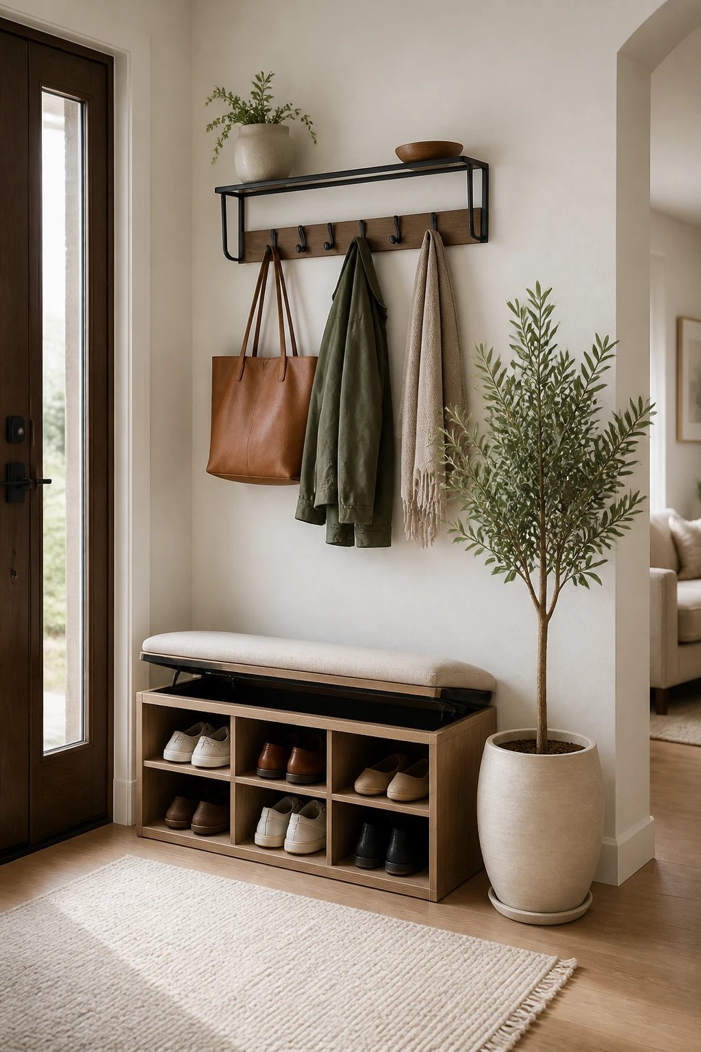 A welcoming entry vignette: a slim wall rack for bags and jackets, a minimalist shoe storage cubby beneath a lift-top bench, and a single statement plant, all arranged to maximize perceived space