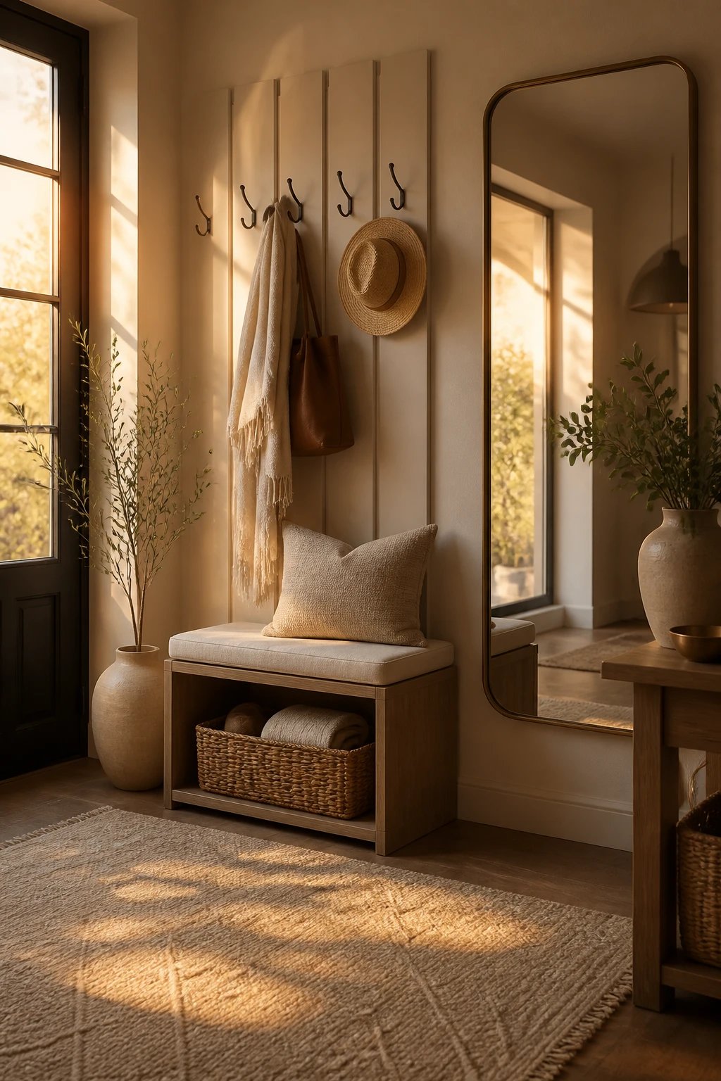 A cozy chic entry corner at golden hour: soft textures, a neutral-toned rug, vertical hooks above a compact storage bench, a woven basket tucked under, and a large wall-mounted mirror to reflect light