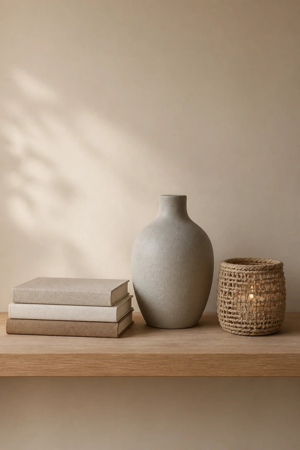 A minimalist shelf scene with a clean, uncluttered backdrop, featuring a trio of objects arranged in varying heights: a small stack of neutral-toned books, a matte ceramic vase in soft gray, and a textured woven candle holder, all spaced with negative space and warm, natural lighting.