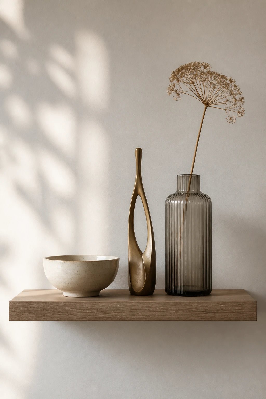 An airy, modern floating shelf with a carefully curated group of three items: a short ceramic bowl, a slim metallic sculpture, and a tall glass vase with a single dried stem, showcasing different textures (glossy, matte, and matte-ribbed) and balanced height differences.