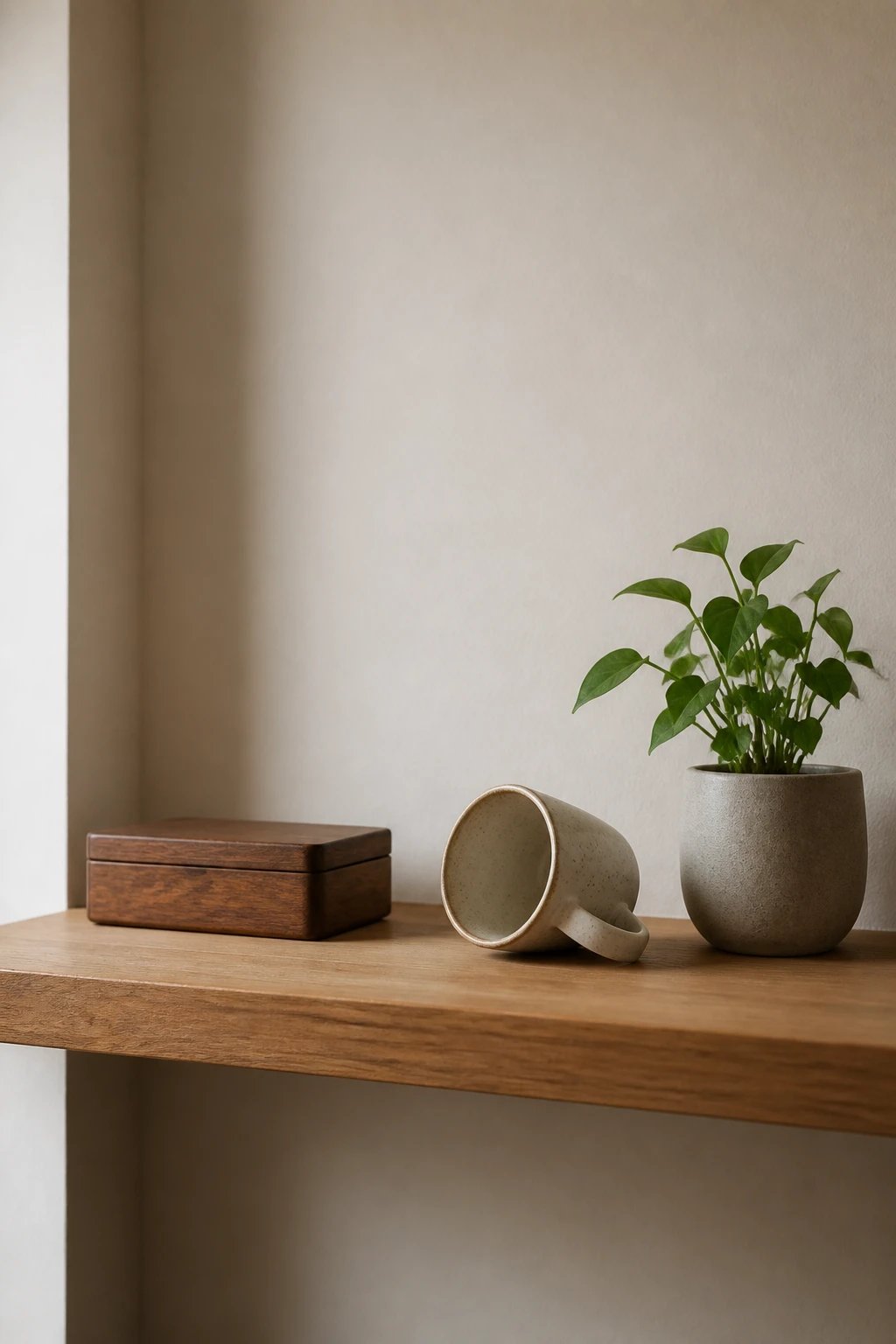 A tranquil shelf reset moment: a nearly empty shelf with just three items placed intentionally—one low-profile wooden box, a ceramic mug turned on its side as a vignette, and a small potted plant—set against a soft, neutral wall and soft diffused daylight.