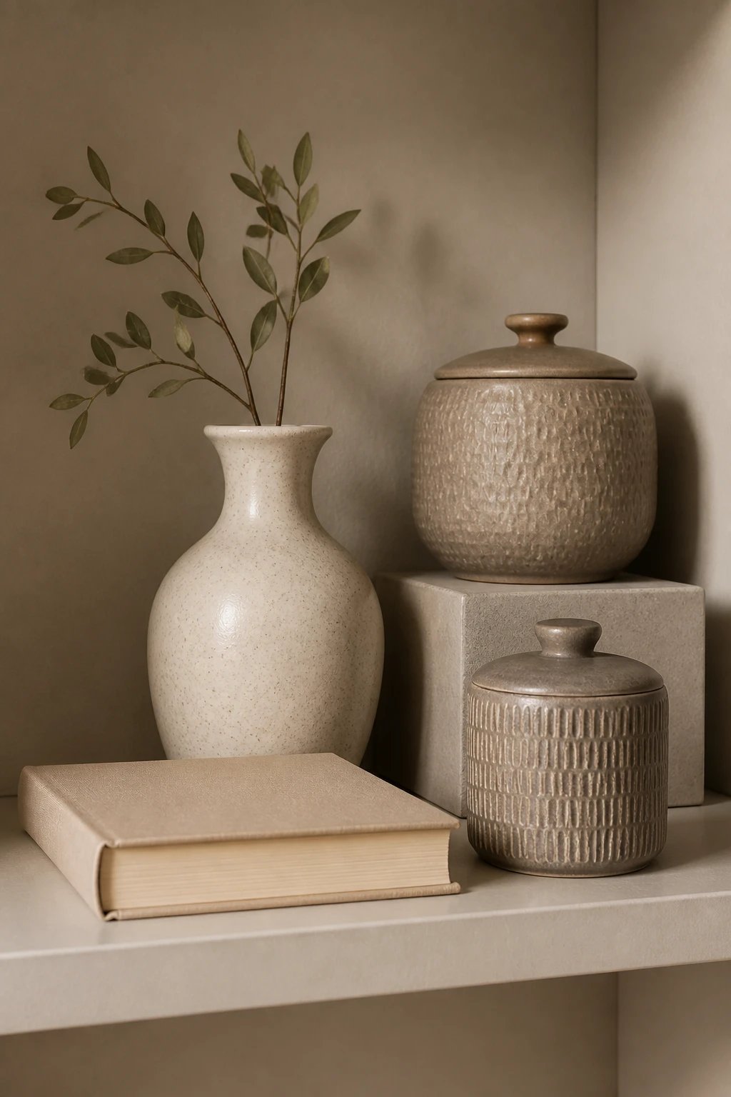 A color-calmed shelf ensemble: three objects of cohesive hues (earthy beige book, cream-colored ceramic vase, and taupe textured jar) arranged with varied depths (one in front, one mid-back, one elevated on a small riser) and gentle shadows for dimension.