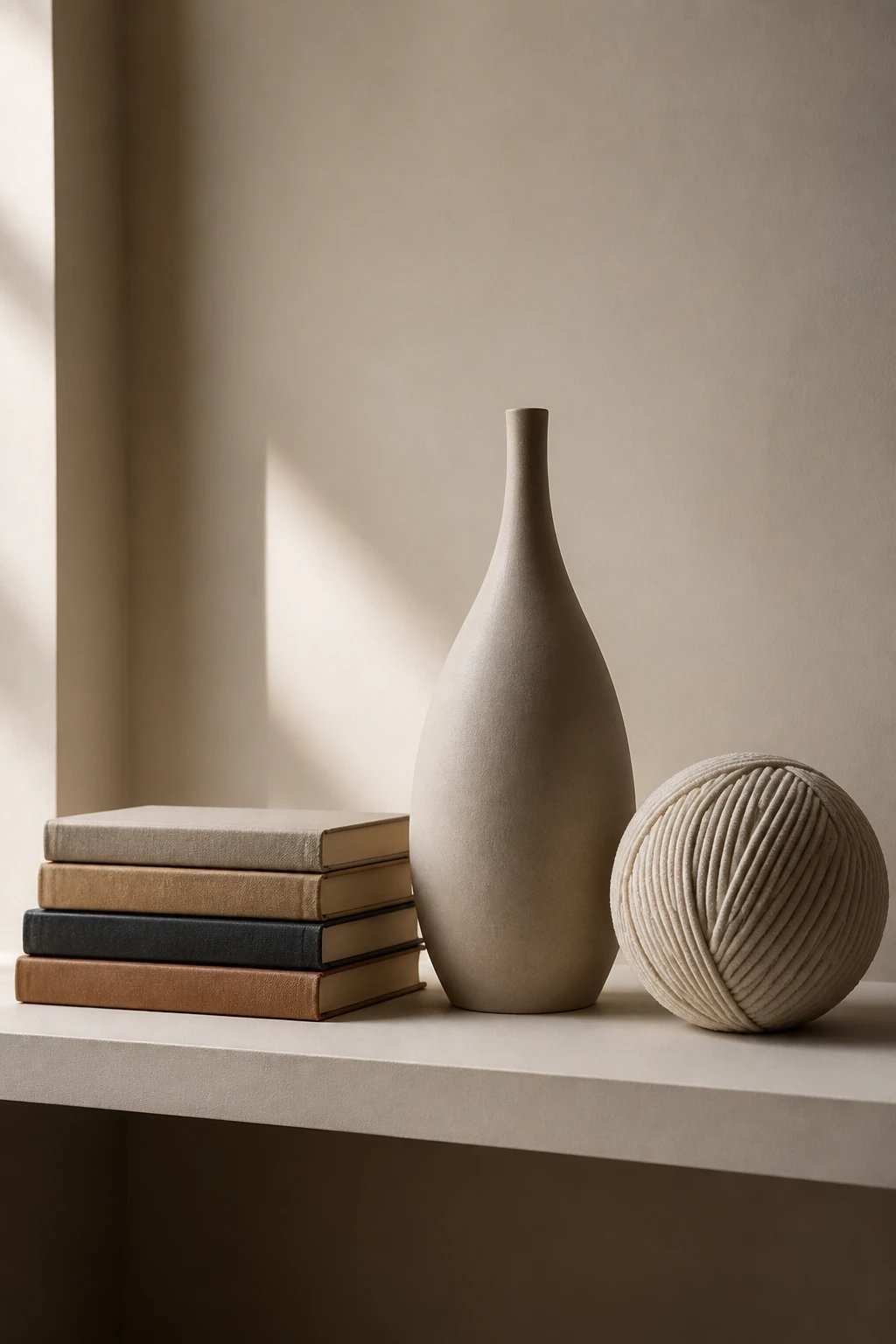 An eclectic minimalist display showing rhythm through texture and height: a slim stack of hardcover books, a smooth matte vase, and a sculpted textile-wrapped orb, positioned on a shelf with intentional white space, warm side lighting, and subtle shadows to emphasize contrast.