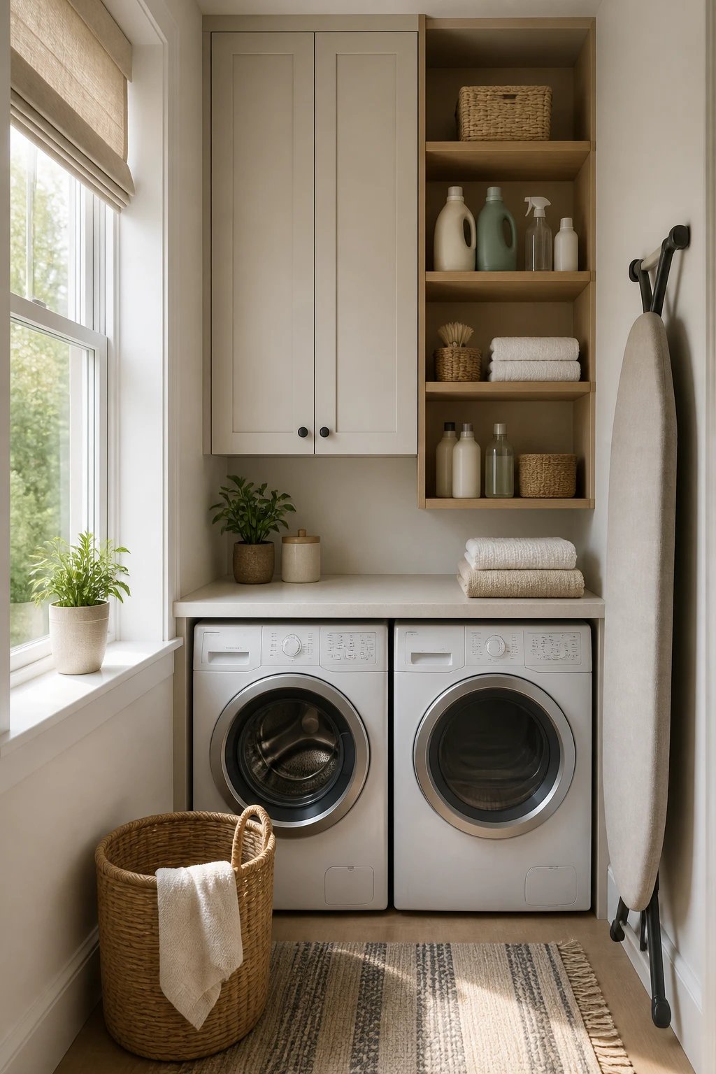 A compact laundry nook with tall, slim wall-mounted cabinets above a narrow counter, open shelves storing detergent bottles, stain removers, and folded towels, with a small ironing board tucked to the side and a woven basket on the floor, natural light from a nearby window.