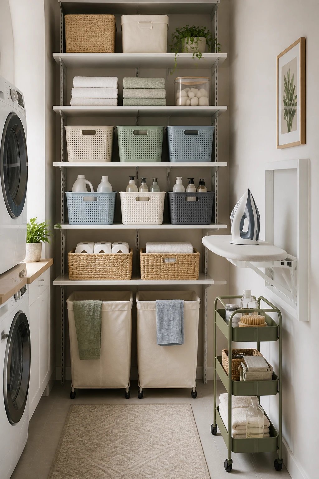 A vertical storage-focused setup in a tiny laundry room: wall-mounted adjustable shelving running the height of the wall, bins labeled with clean colors, a compact fold-down ironing station attached to the wall, and a slim utility cart pulled to the side.