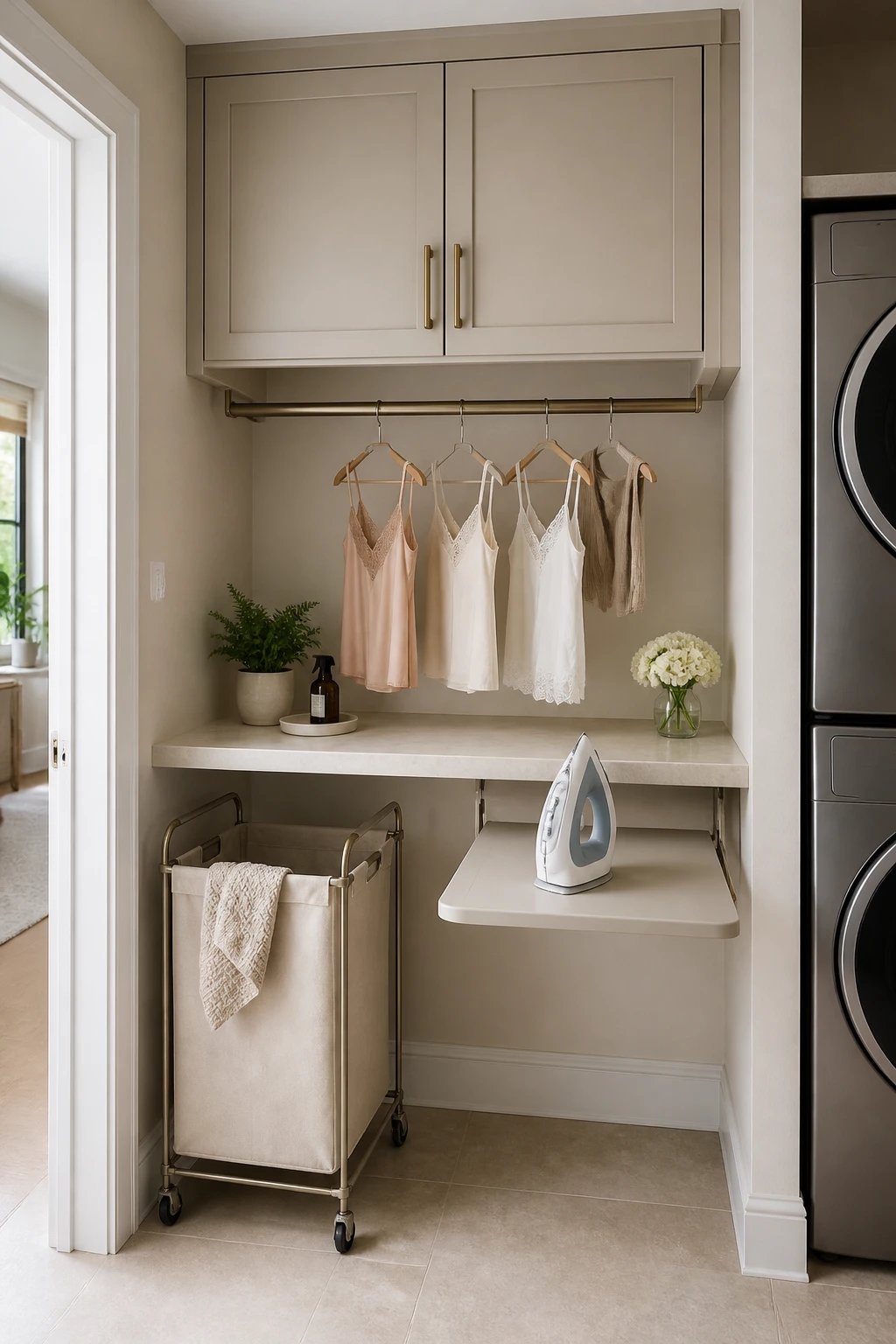 A tidy laundry zone featuring a wall-mounted cabinet pair above a narrow counter, plus a hanging rod underneath for air-drying delicate garments, with a slim, rolling laundry basket and a small steam iron on a hidden fold-out surface.