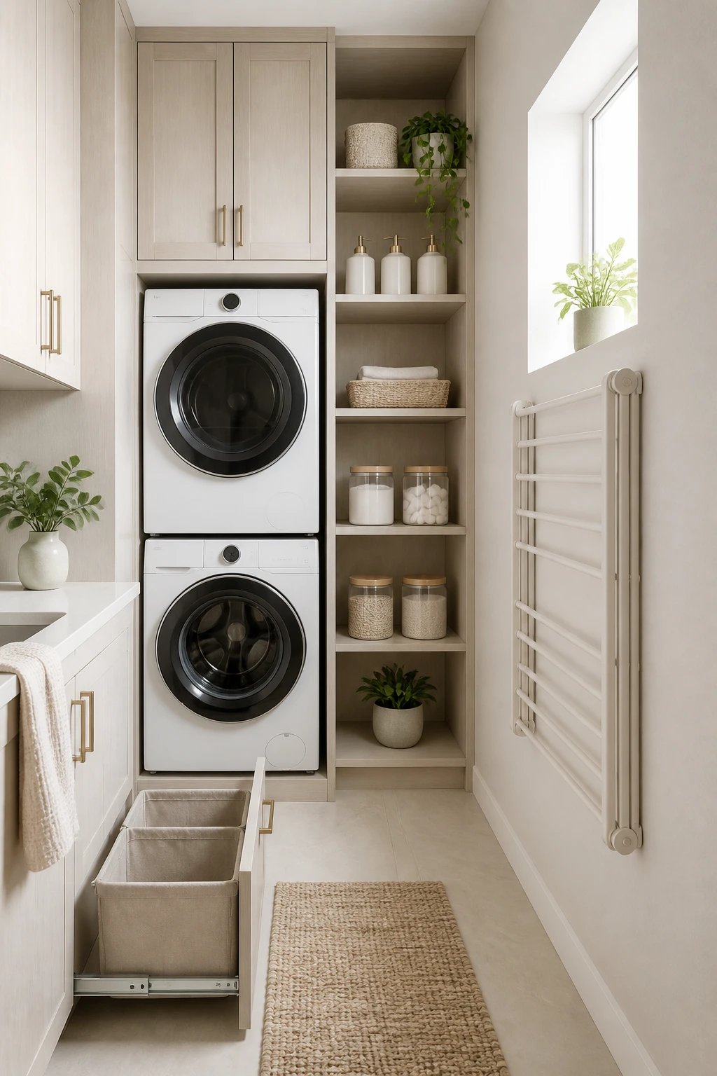 A bright, minimalist tiny laundry room showing vertical cabinetry, open shelves organized with uniform containers, a slim, wall-mounted drying rack folded against the wall, and a near-floor pull-out hamper system to maximize floor space.