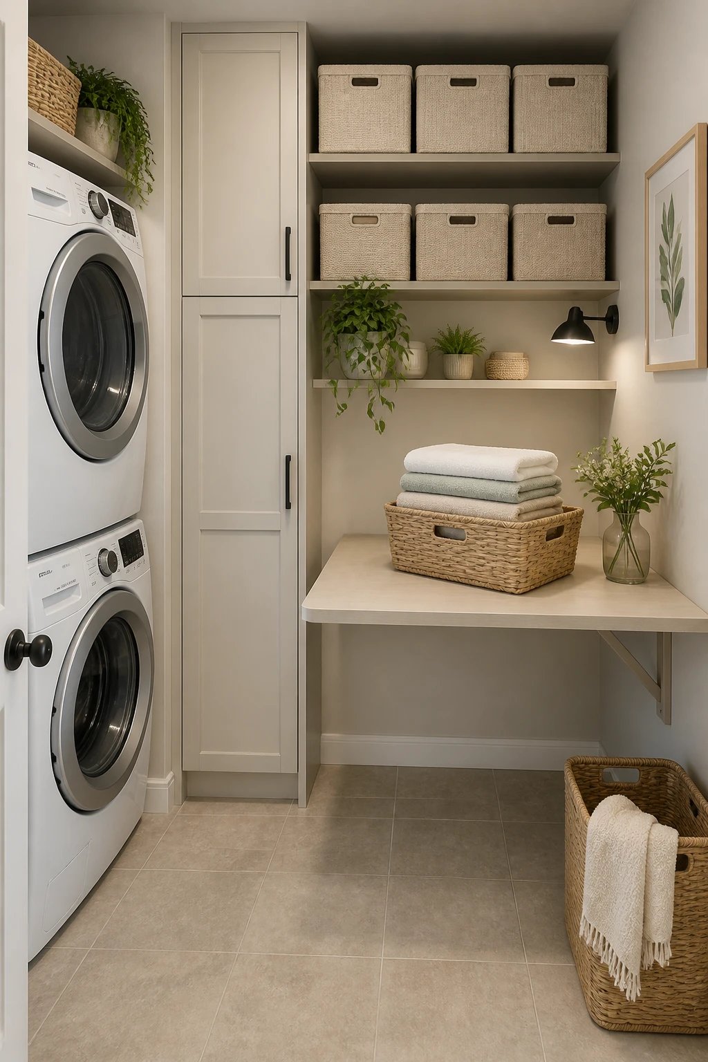 An organized corner of a small laundry room with vertical storage: tall slim cabinets, labeled storage bins on high shelves, a compact fold-down counter in use with a basket of folded laundry, and a clean, uncluttered floor area.