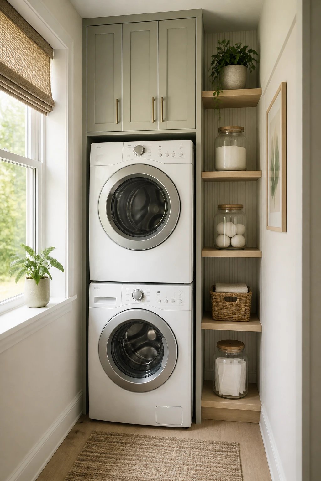 A compact laundry nook with a stacked washer and dryer, tall slim wall cabinets above, and open vertical shelves on the side holding neatly labeled canisters of detergent and dryer sheets, soft natural light, cohesive color palette, no text or logos.
