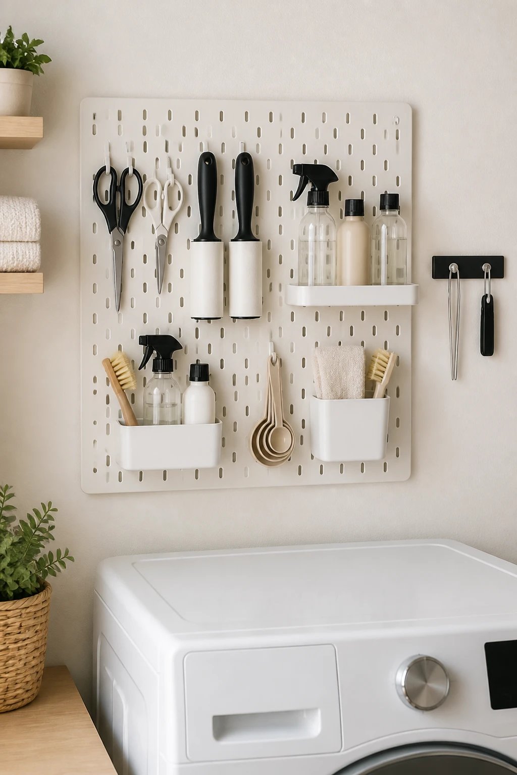 Wall-mounted pegboard organization above a washer, displaying neatly arranged scissors, lint rollers, measuring spoons, and small cleaning bottles, with a small magnetic strip nearby, clean and minimal aesthetic, no text.
