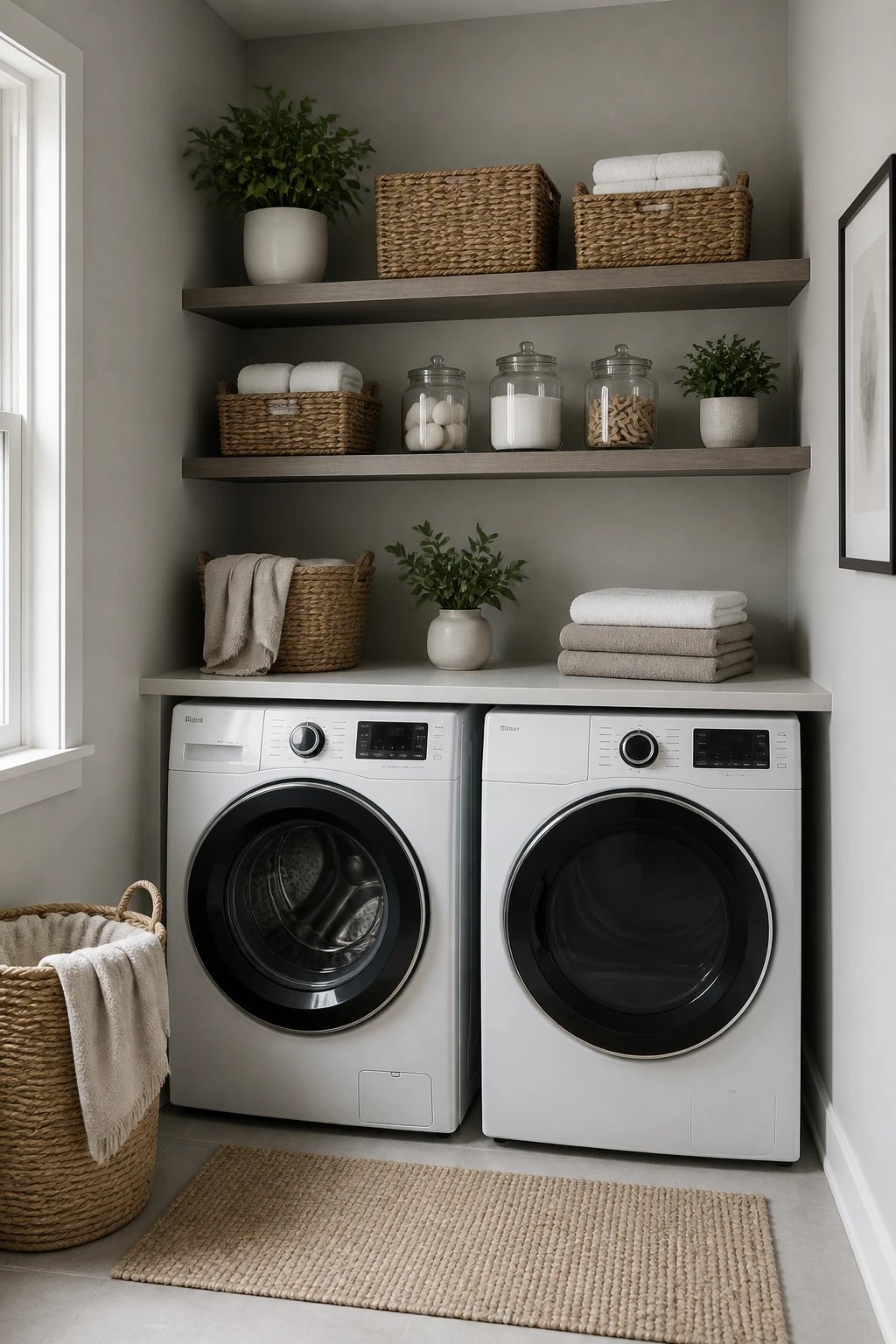 A corner laundry nook featuring floating shelves above the appliances, wicker baskets and labeled storage jars underneath, a small rug, and a tidy, monochrome color scheme to emphasize calm efficiency, no text.