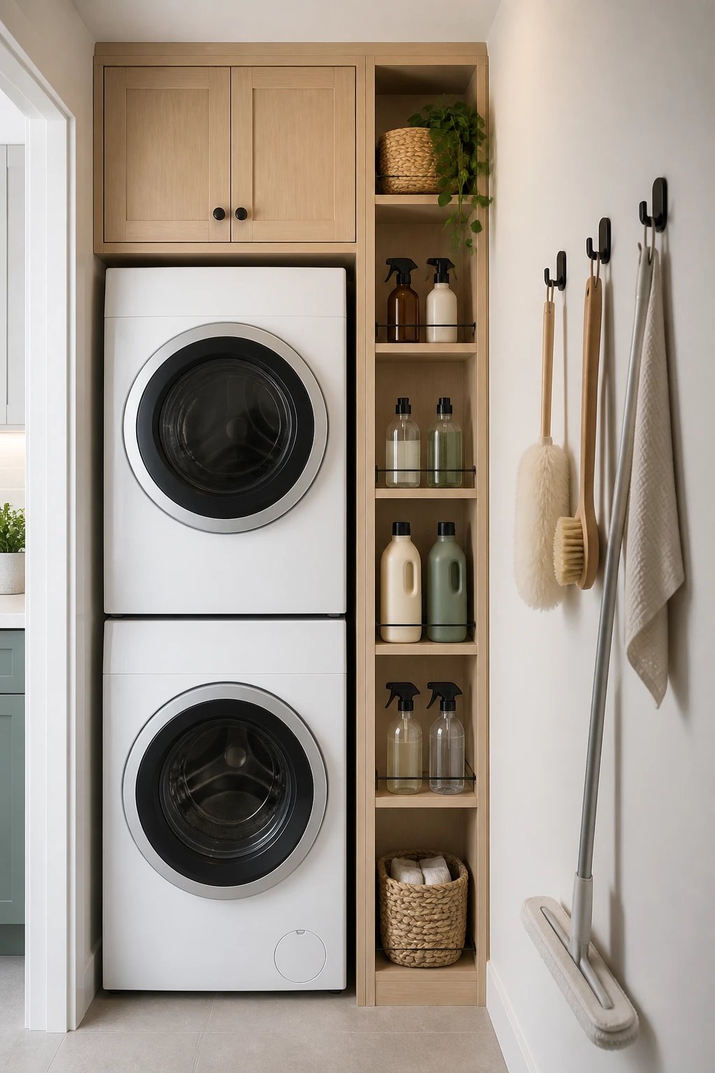 A slim, vertical storage wall beside a compact washer-dryer unit showing a combination of above-door cabinet, vertical bottle storage, and wall hooks holding cleaning tools, bright but soft lighting, no text.