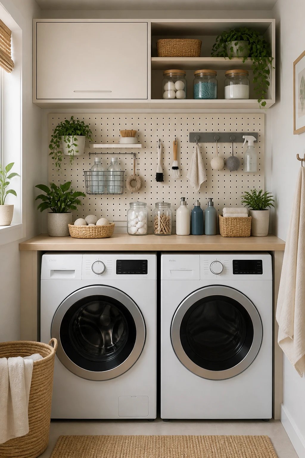 A mini command center wall with a pegboard, a magnetic strip, and a slim cabinet or shelf above the washer, neatly organized tools and supplies in color-coordinated containers, airy yet organized feel, no text.