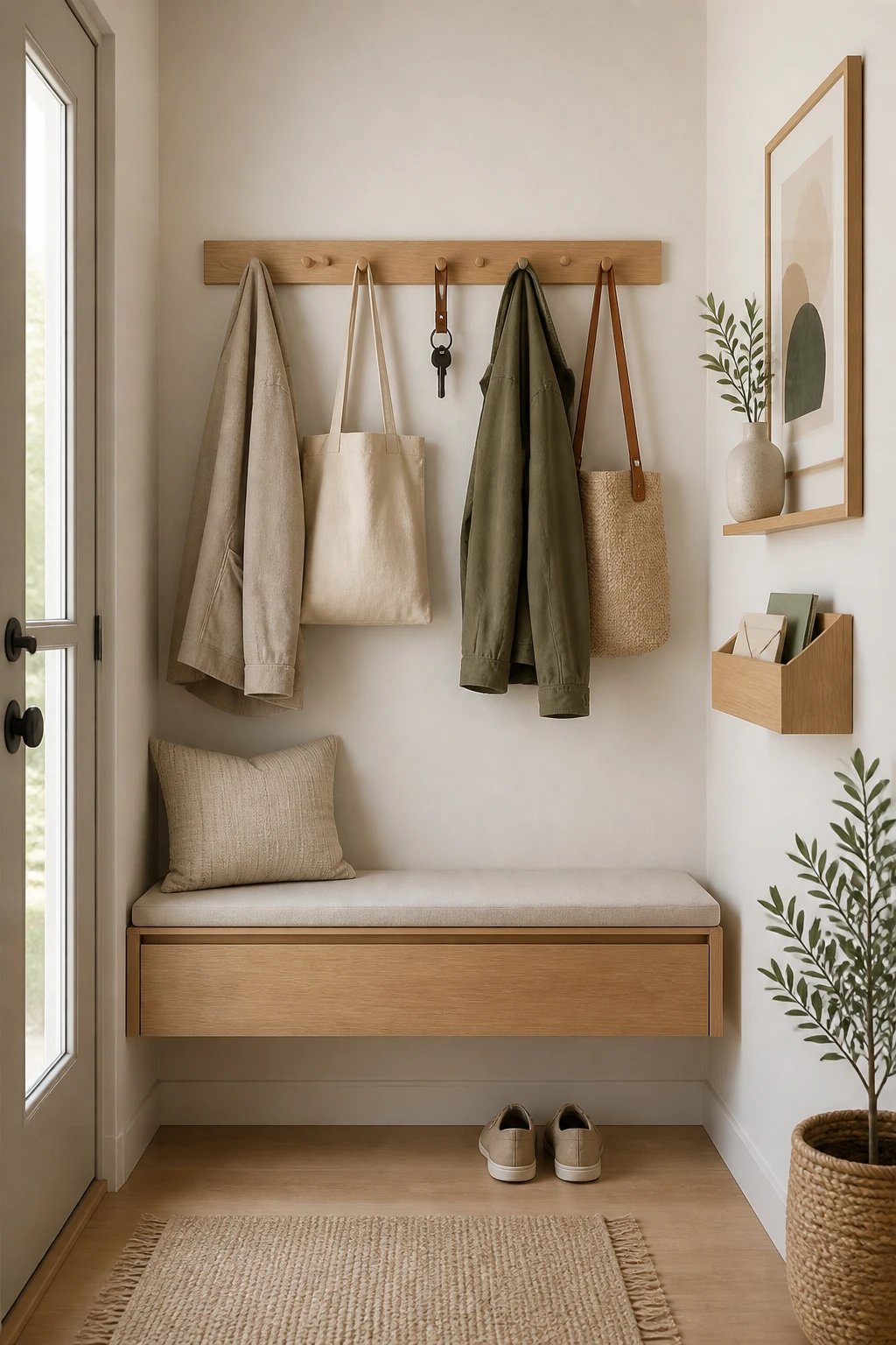A compact entryway with a clearly defined zone: a slim, wall-mounted bench with a hidden storage drawer beneath, a row of minimalist hooks above holding coats, tote bags, and keys, plus a small wall-mounted slim shelf for mail, all in a light, neutral palette with natural wood accents.