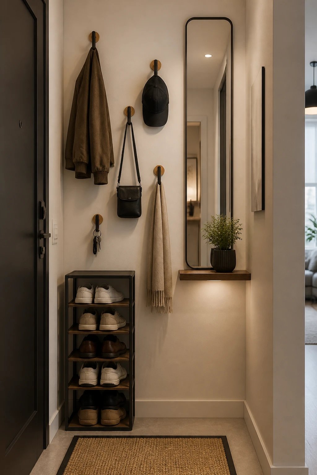 A vertical storage setup in a tiny foyer: multiple staggered hooks on a wall, a tall narrow shoe rack at floor level, and a narrow mirror reflecting soft ambient light, with clean cords tucked away and a small decorative plant on a slim ledge.