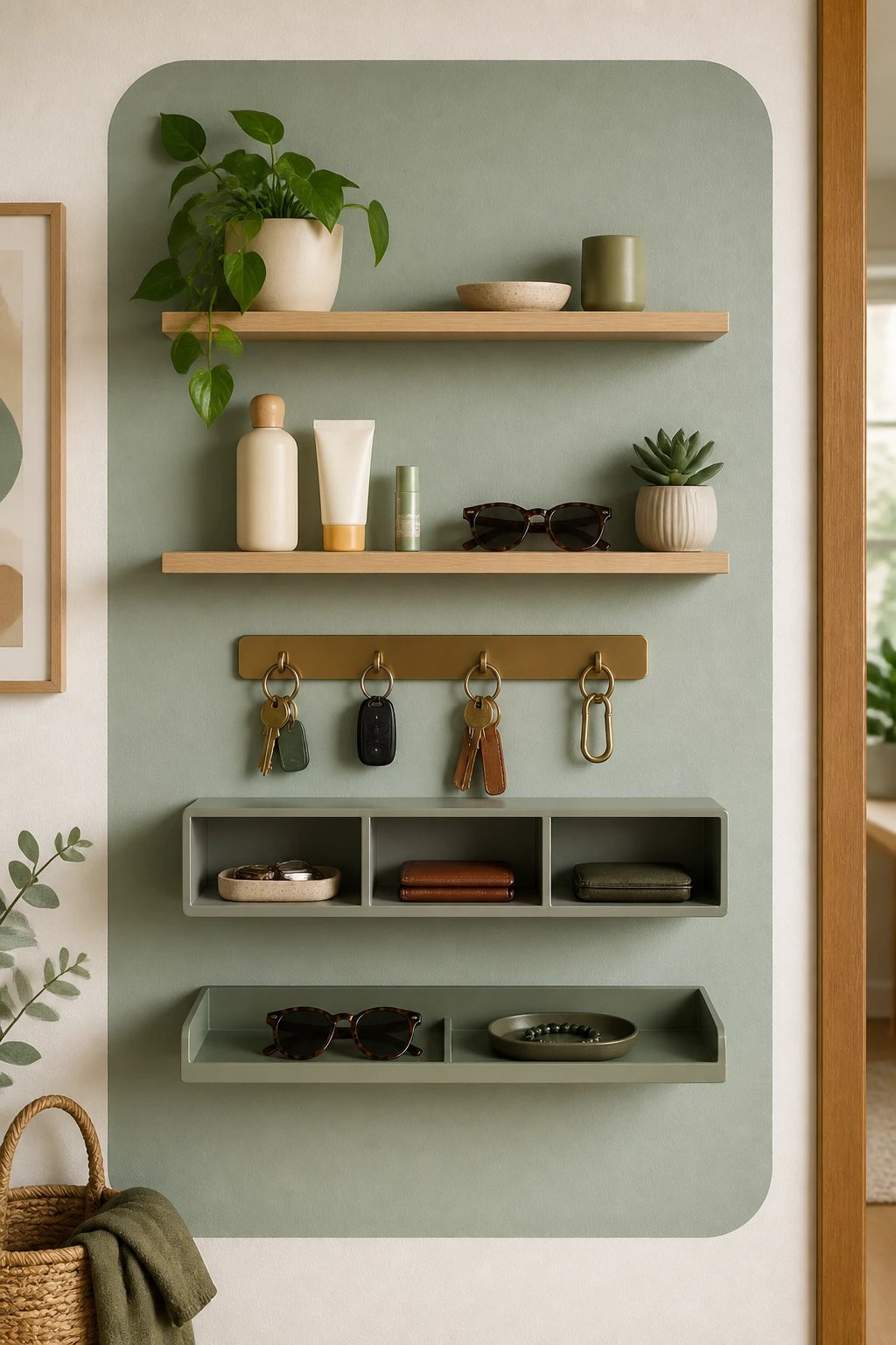 A wall-powered organization nook: a series of slim floating shelves paired with shallow cubbies and a magnetic strip, showcasing everyday items like sunscreen, keys, wallets, and sunglasses, framed by a soft, calming color block on the wall.