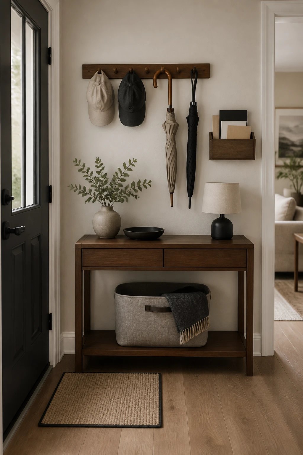 An organized entryway with a calm transition: a petite entry mat, a compact console desk with a fabric storage bin underneath, a peg rail above holding hats and umbrellas, and a wall-mounted tray for mail, all in a monochrome palette with warm wood tones.