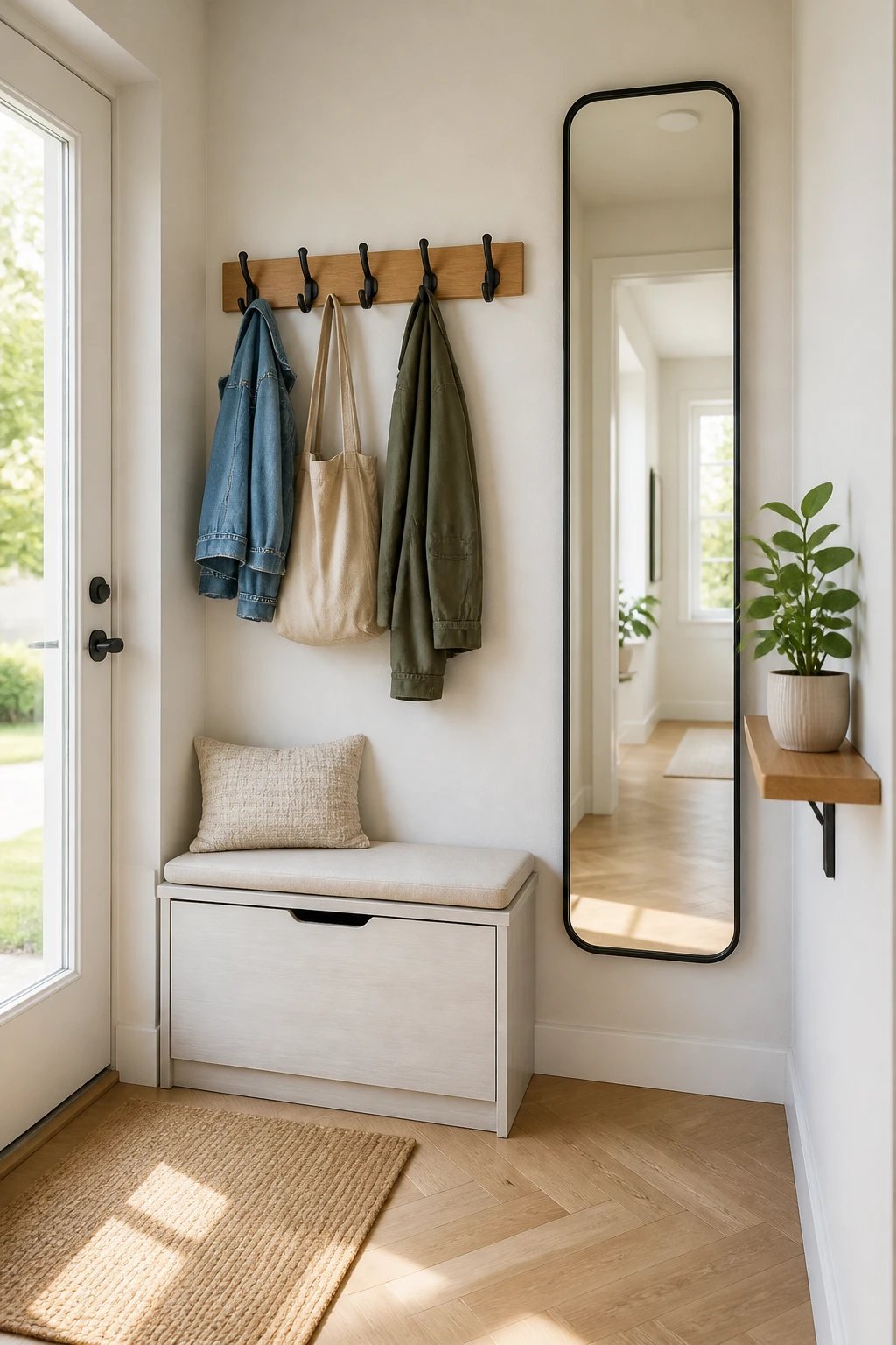 A tiny but bright entry corner: a wall-mounted coat rack with multiple hooks, a narrow bench with hidden storage, a tall mirror to visually enlarge the space, and a small potted plant on a slim shelf, captured in natural daylight.