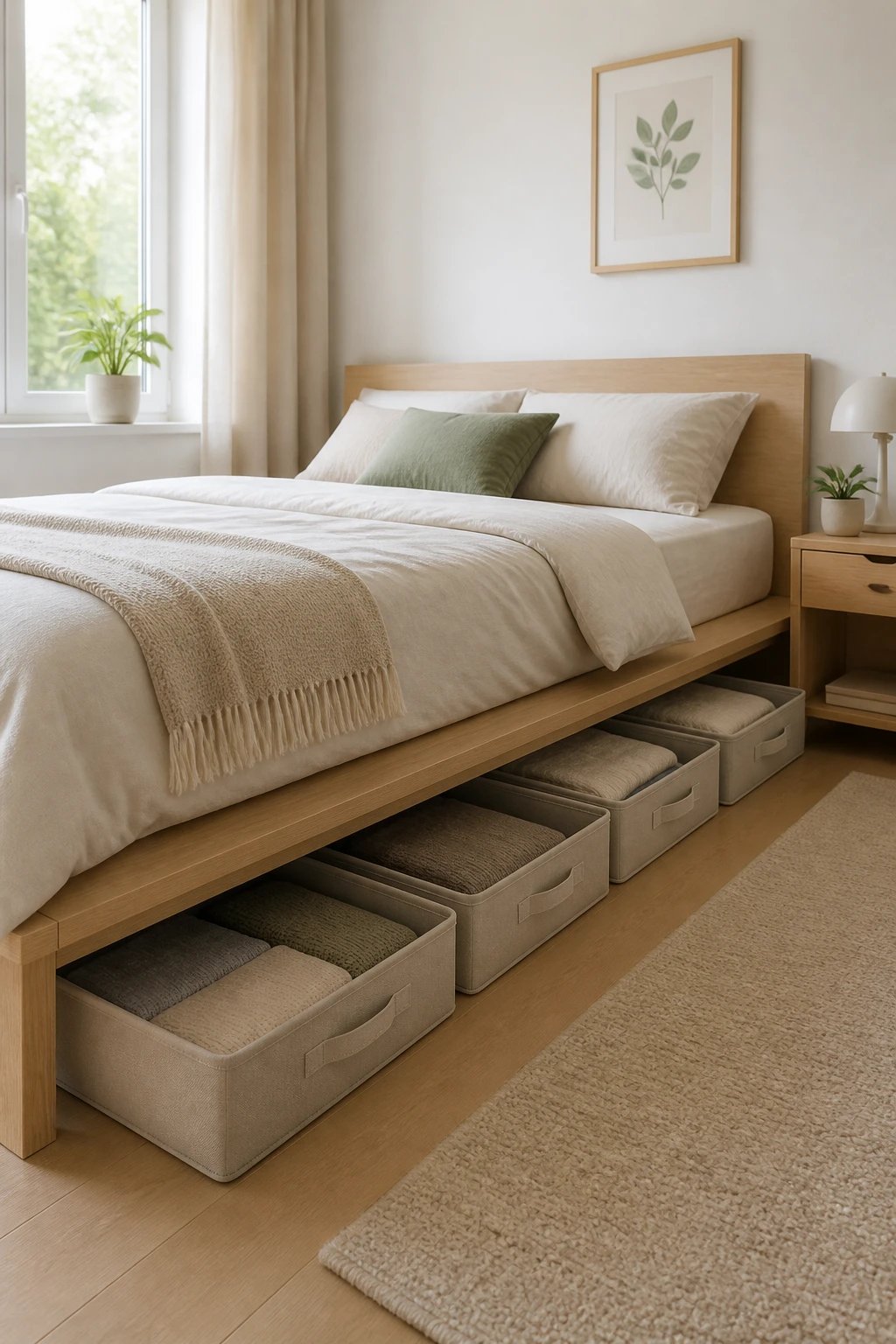 A neatly organized under-bed storage setup in a small bedroom: low-profile, shallow fabric bins neatly slid under a platform bed with a light wood frame; soft natural light from a nearby window, pale walls, and a tidy bedside area with a small plant, no clutter, no text on the image.