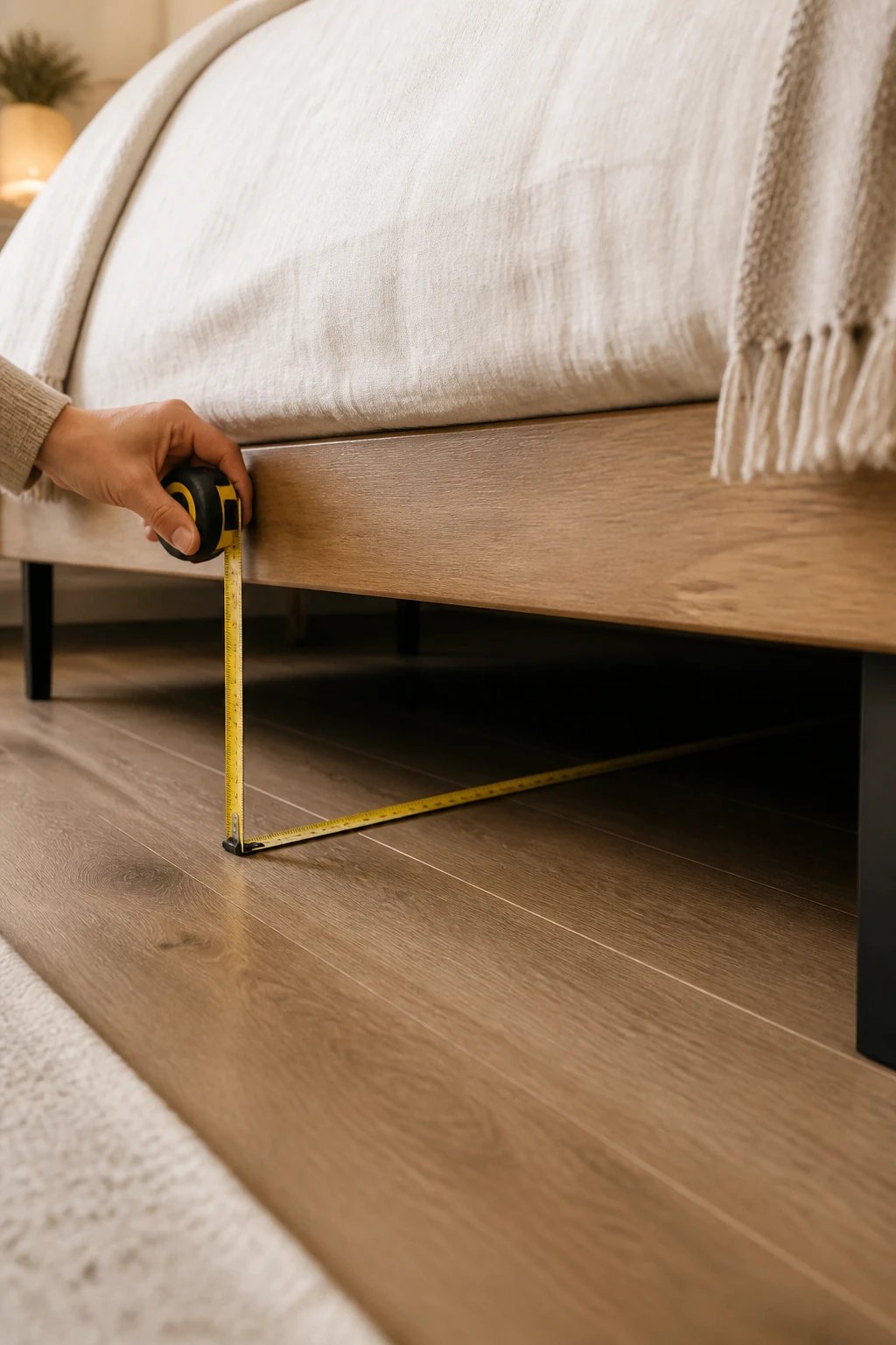 A close-up shot of measuring the space under a bed: a hand holding a tape measure to the side of a bed frame, capturing the height from floor to frame, and the length/width of the under-bed cavity; warm ambient lighting, neutral bedding, minimal background clutter, no text.