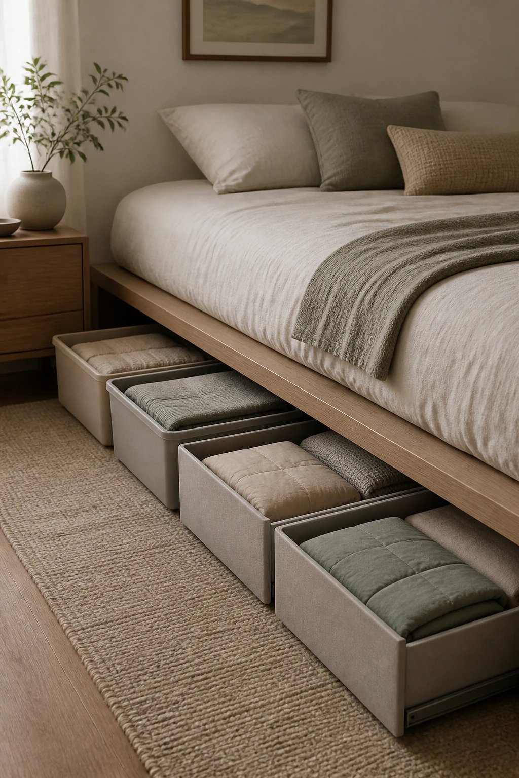 A bedroom corner showing a combination of low-profile bins and drawers under a low-profile bed: slim under-bed storage in muted tones (beige, gray), items neatly arranged (seasonal clothing or linens), clean lines, soft shadows, no visible labels or text.