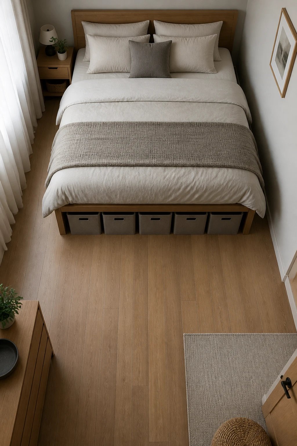 A top-down, wide-angle view of the under-bed storage area in a small room: aligned low-profile storage boxes with uniform color and size, floor space clear, bed frame with simple headboard, subtle textures in bedding, no text.