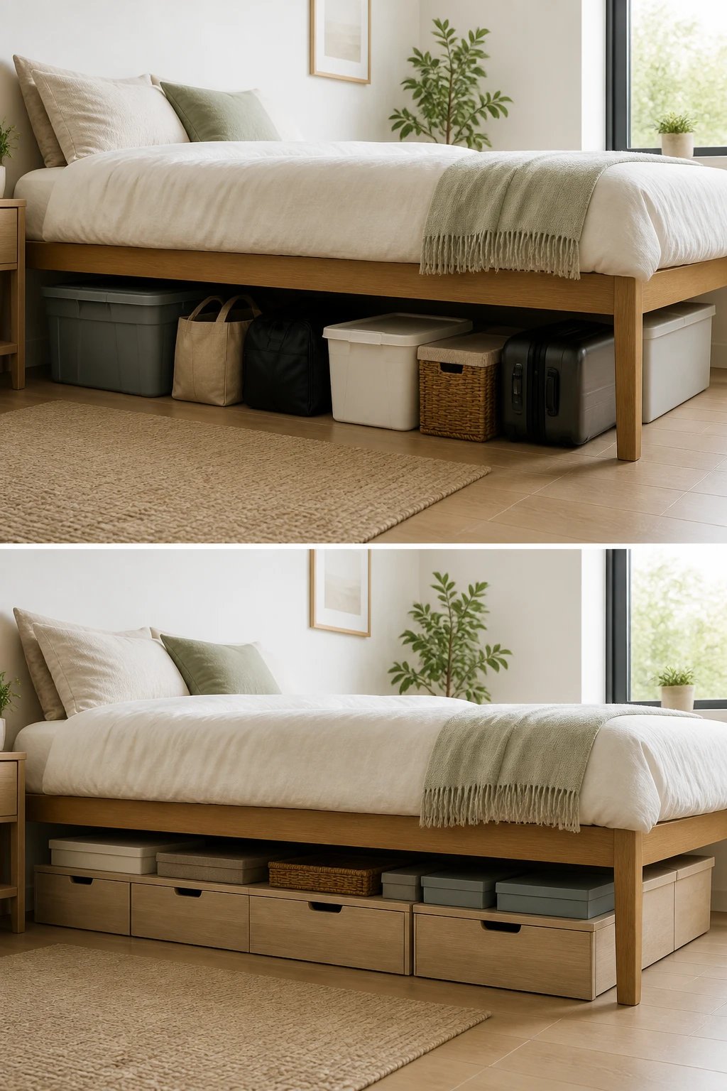 A before-and-after style composition (split image): left side shows a crowded under-bed area with bulky bins, right side shows a sleek under-bed arrangement with low-profile drawers and slim boxes; same bed frame and room, bright natural light, minimal decor, no text.