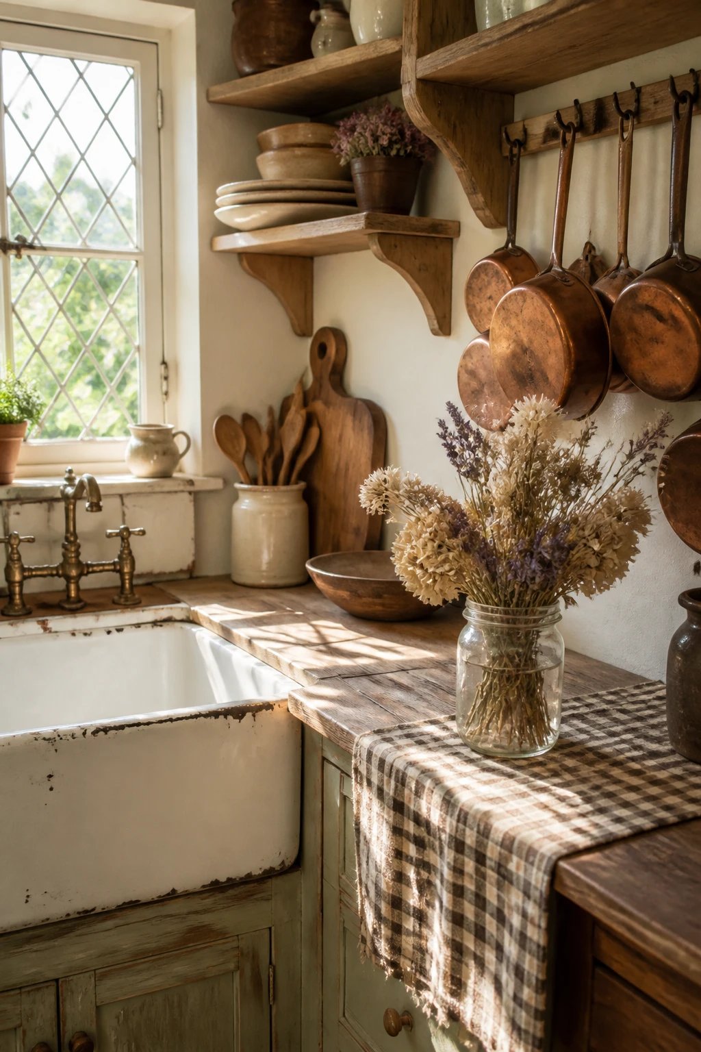 A sunlit cottage-style kitchen corner featuring warm wood open shelving, copper pots hanging on a rack, a chipped white farmhouse sink, and a bouquet of dried flowers in a mason jar, with soft natural light streaming through a small lattice window and a checkered linen runner on the counter.