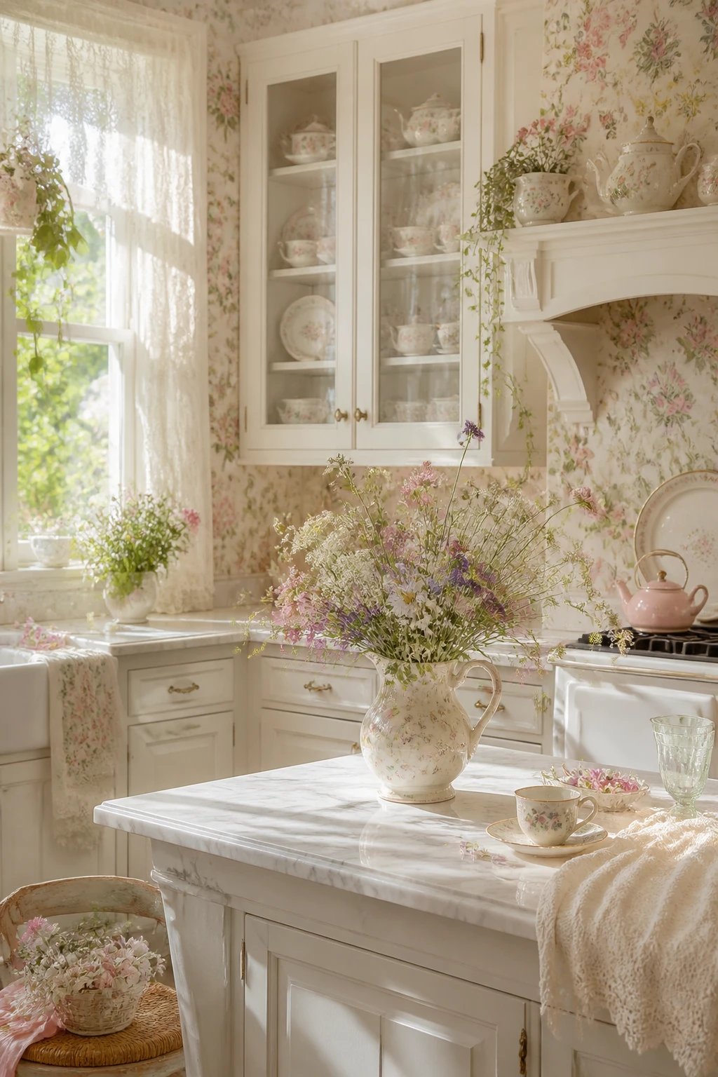 A bright, airy kitchen scene in Fairy Core vibes: white-painted cabinetry, delicate floral wallpaper peeking from behind glass cabinets, a porcelain teapot display, lace curtains at a window, and a marble-topped island with a vase of wildflowers, all in pale pastels and warm sunlight.