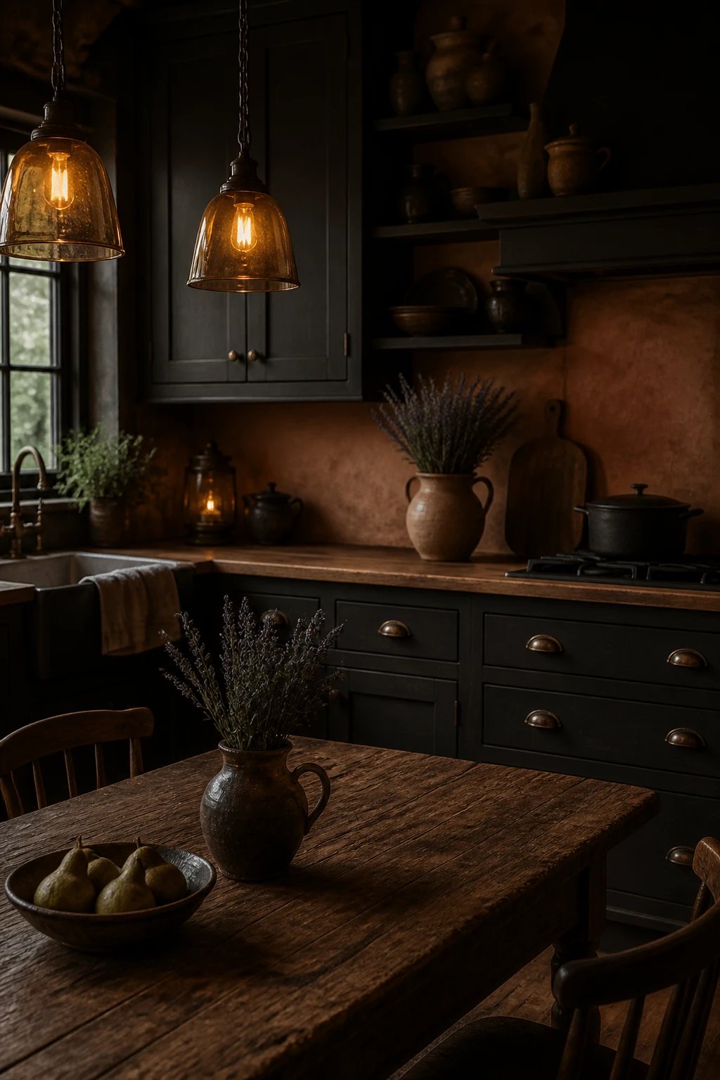 A moody Dark Cottagecore kitchen: charcoal cabinets with rustic wood countertops, hammered bronze hardware, a clay-colored backsplash, a clay pitcher of lavender on the counter, and amber-tinted pendant lights casting a warm glow across a rough-hewn wooden dining table.