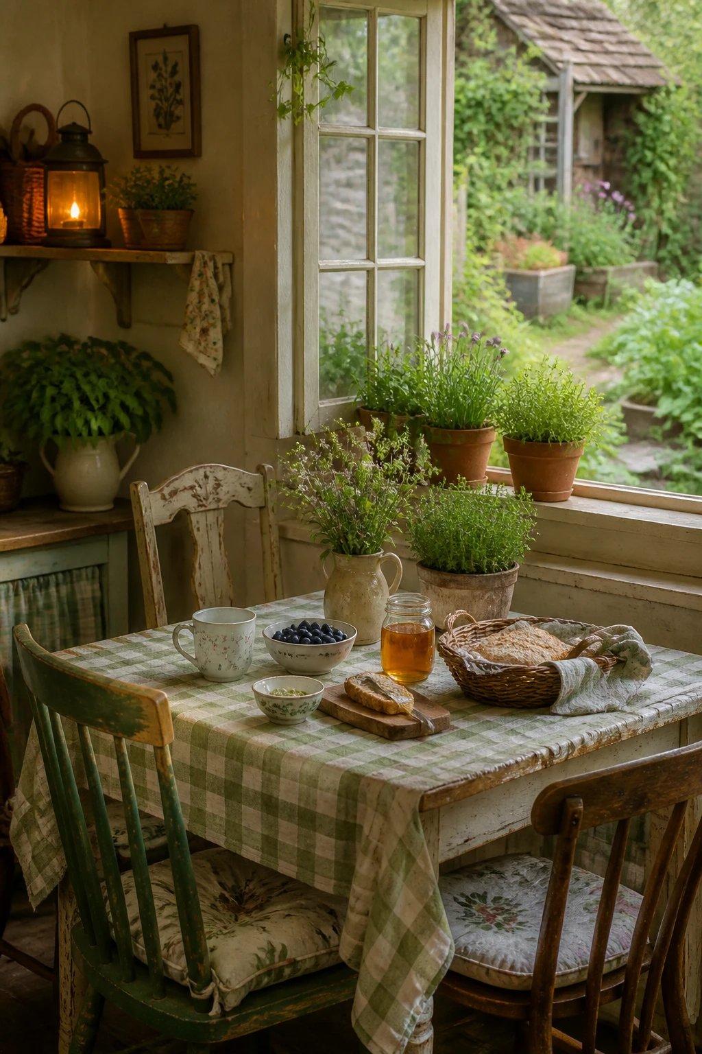 A cozy, budget-friendly cottagecore breakfast nook: distressed wood table, mismatched vintage chairs, a gingham tablecloth, a mason jar of honey and fresh herbs, potted herbs on a windowsill, and soft ambient lighting from a lantern-style lantern, with a view to a tiny herb garden outside.