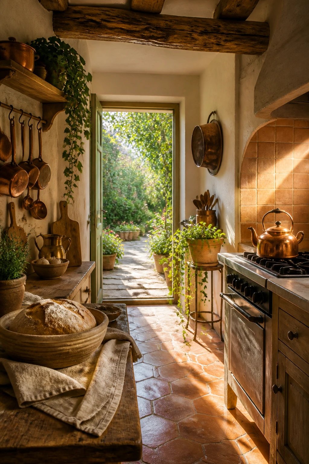 A warm-earth kitchen vignette: copper utensils, a reclaimed wood ceiling beam, terracotta tile floor, a rustic bread banneton on a linen cloth, a clay-pot plant stand with hanging ivy, and a sunbeam catching a copper kettle on the stove, all framed by a doorway leading to a sunlit garden.