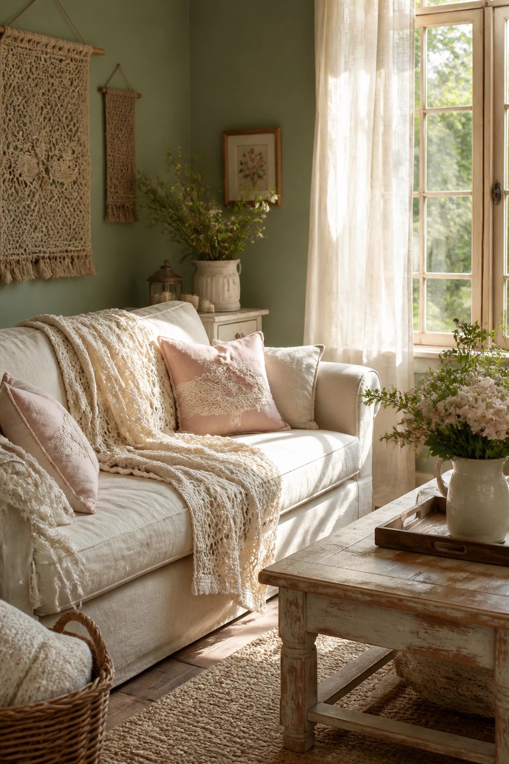 A sunlit living room with a warm, storybook vibe: a cream crochet throw draped over a neutral linen sofa, blush pink lace pillow covers, sage green wall hangings, distressed light-wood furniture, layered textures including a sheer linen curtain, and soft natural light streaming through a large window; 16:9, photorealistic, no text.