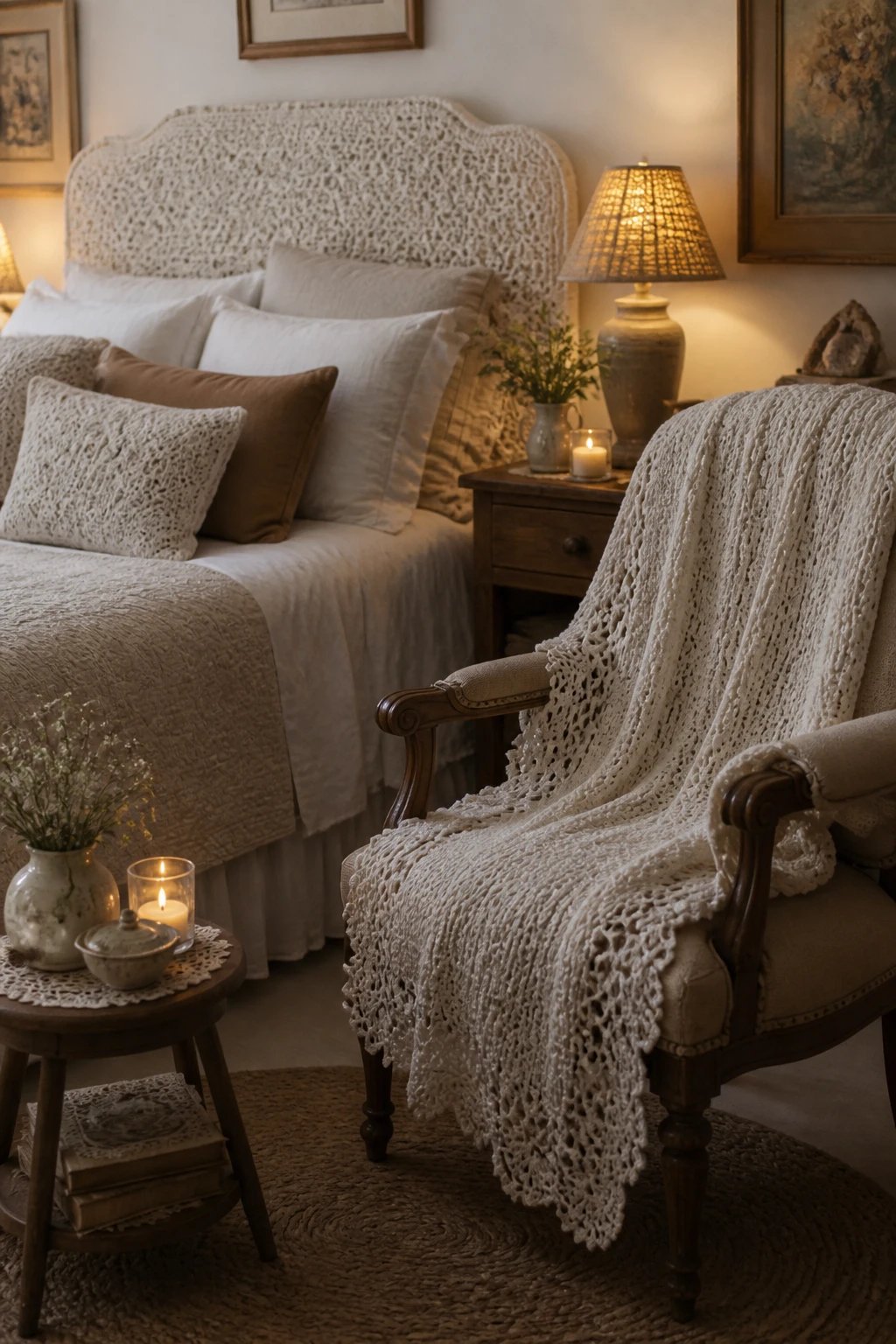 Cozy vignette focused on a crochet focal piece: a single cream crochet throw with delicate lace edging laid over a vintage-style armchair, surrounded by smaller lace accents on a side table, muted farmhouse accessories, and warm ambient lighting; 16:9, photorealistic, no text.