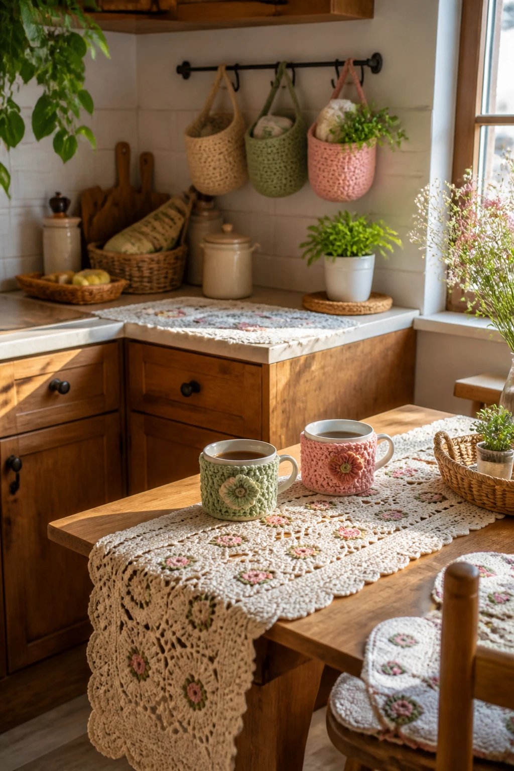 Living room corner with wall crochet art: a large handmade lace wall hanging in ivory tones above a distressed wood console, greenery in muted greens, a plush neutral rug, and a stack of crochet cushions in cream and blush; 16:9, photorealistic, no text.