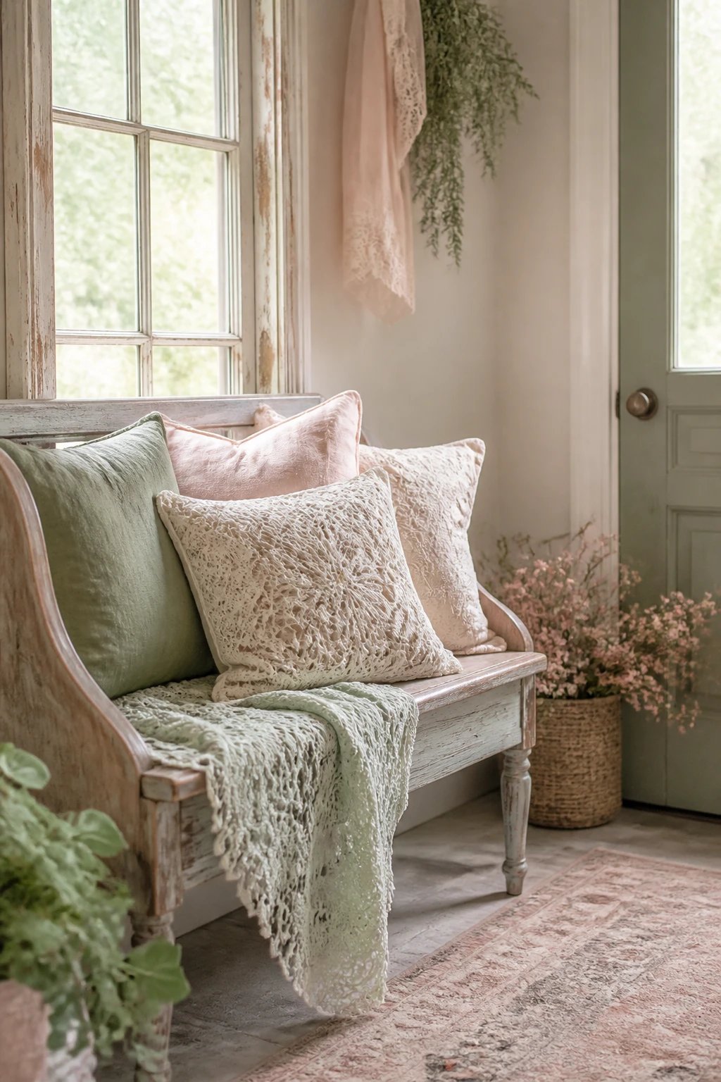 Cozy reading nook with crochet accents: a cushioned window seat with a variety of crochet textures (lace pillow covers, a small crochet throw), sage green and blush color palette, distressed wood window frame, and calm, diffuse lighting; 16:9, photorealistic, no text.