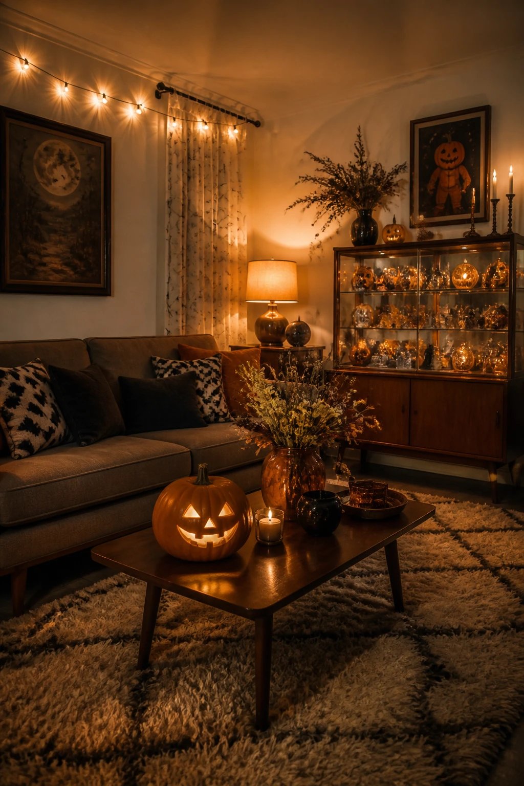 A 16:9 photorealistic living room scene with vintage Halloween decor: warm amber lighting, a mid-century sofa, black and white geometric throw pillows, a shag rug, and a retro candy cabinet displaying antique-inspired treasures; twinkling string lights overhead casting whimsical shadows, plus a vintage jack-o'-lantern and candlelit vignette on a coffee table, soft fall colors, no text.