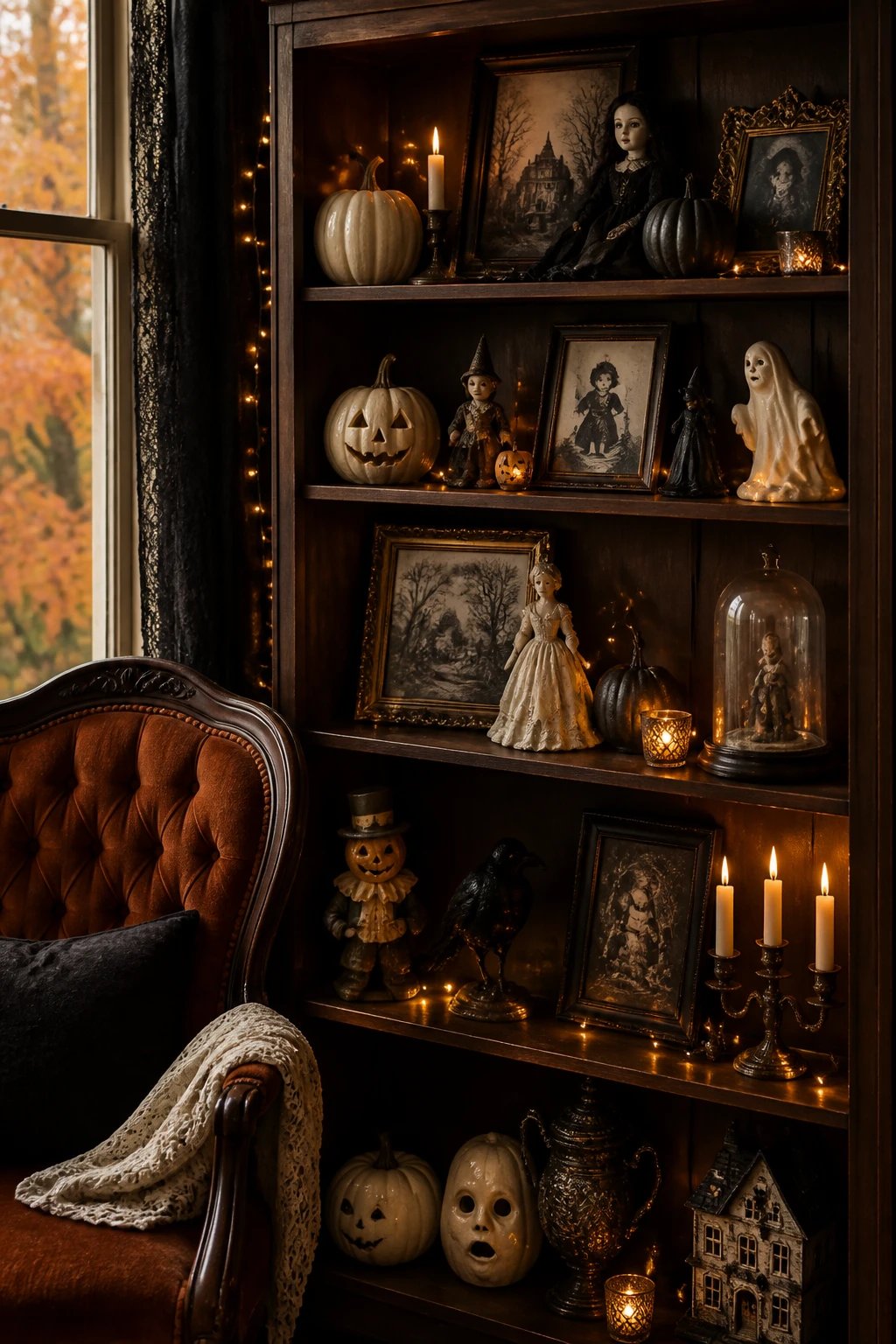 A cozy vintage Halloween shelves vignette: tall wooden bookcase filled with antique-inspired Halloween trinkets, porcelain figurines, and black-and-white framed art; warm candlelight and delicate string lights weaving through the shelves, a small upholstered chair nearby, falling leaves visible through a window, photorealistic and richly detailed, no text.
