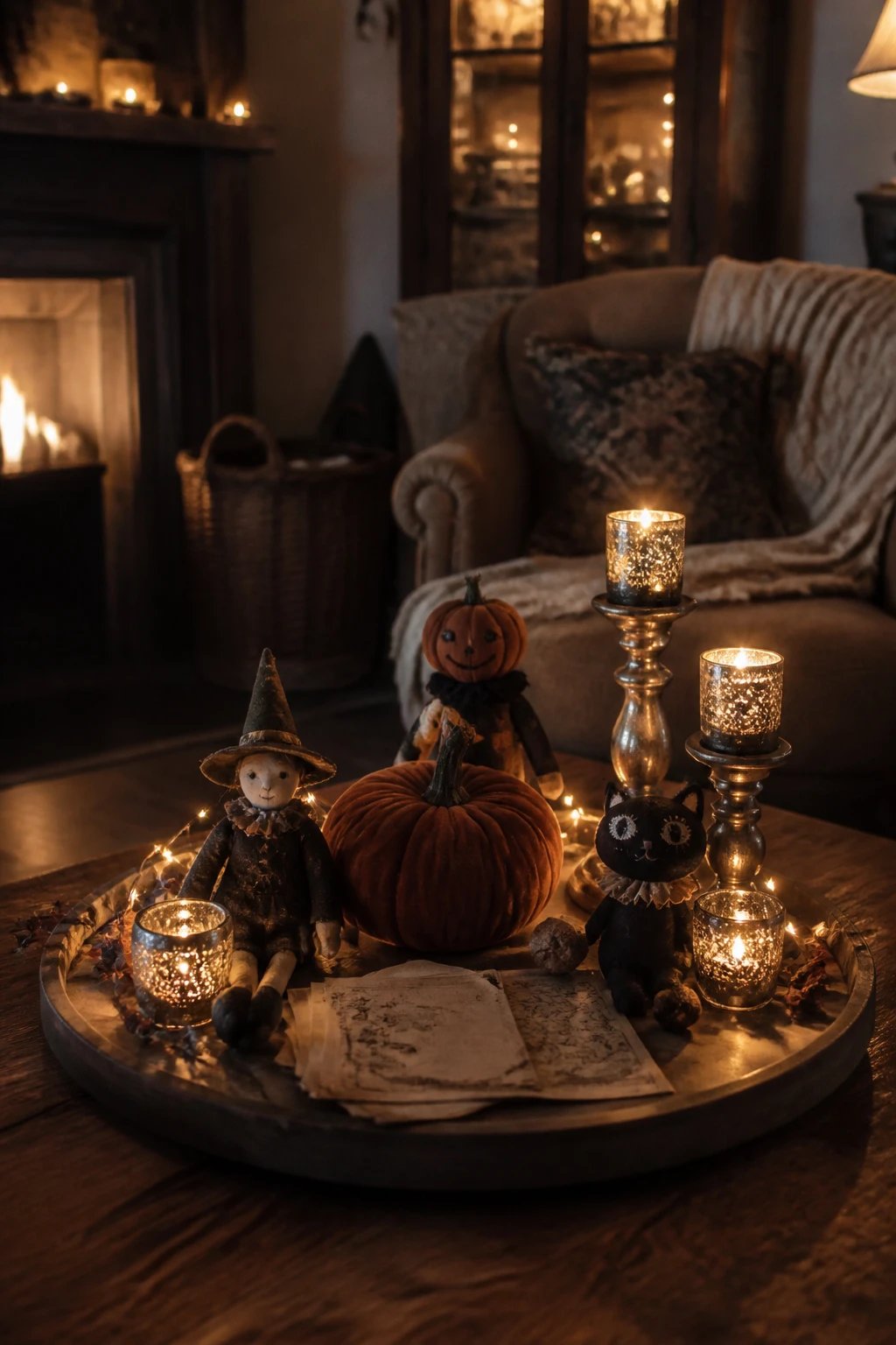 A nostalgic living room corner with a storytelling centerpiece: a circular arrangement on the coffee table featuring handmade-looking retro Halloween pieces, a velvet pumpkin, mercury glass candlesticks, and a vintage map or postcard, soft glow from candles and twinkle lights, muted autumn palette, high realism, no text.