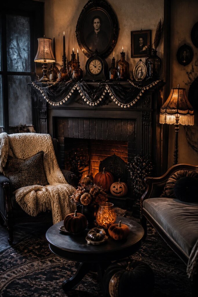 A wide view of a vintage Halloween party setup: a fireplace mantle adorned with black-and-white garlands, amber glass bottles, tiny framed portraits, and a retro clock; a charmed, cozy seating area with a knit throw, old-fashioned lamps casting warm pools of light, subtle foggy window reflections, photorealistic detail, no text.