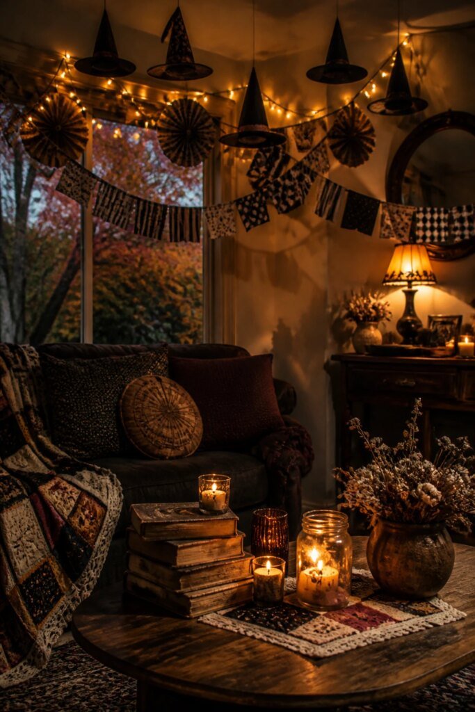 An intimate evening scene focusing on lighting and texture: a living room Create garlands with black-and-white checks and vintage-style lettering. Add dotted or striped textures, plus paper rosettes for instant whimsy. For a finishing flourish, hang witch hats from invisible strings to cast playful silhouettes across the ceiling as night falls. with a retro-inspired side table, a stack of aged books, a hand-stitched textile, small candle clusters, and a vintage-inspired lamp with warm glow; the background features soft shadows from string lights and a faint autumn landscape outside, ultra-real detail, no text.