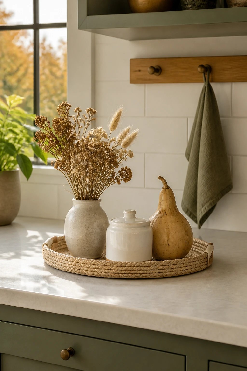 A sunlit countertop scene in a modern kitchen with neutral whites and soft greens as the backdrop, featuring a minimal arrangement: a small vase of dried flowers, a white ceramic jar, and a single dried gourd perched on a neutral woven tray; in the background, a tidy peg rail with only a couple of uncluttered hooks, warm autumn light streaming through a window, photorealistic 16: