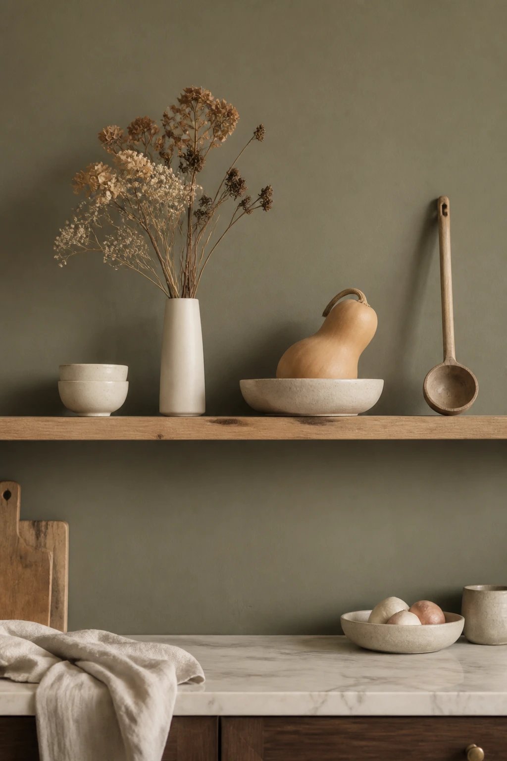 An autumn-ready shelf/ledge above the counter: neutral tones with white and cream items, a small cluster of dried flowers arranged in a slim vase, a dried gourd resting on a shallow ceramic bowl, and a single minimalist kitchen tool casually leaned, all arranged with ample negative space against a calm green-taint backdrop, 16:9 photorealistic.