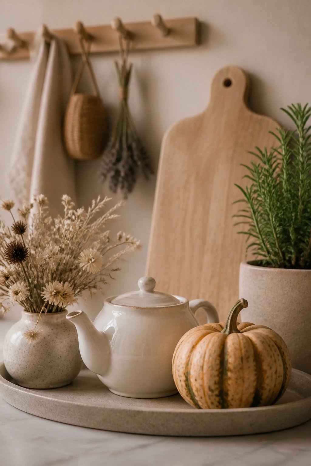 A close-up of a kitchen counter vignette: a low-profile tray with a few dried flowers, a white teapot, and a pumpkin with subtle texture, plus a light wood cutting board and a small potted herb plant; peg rail in soft blur in the background kept uncluttered, warm ambient lighting, 16:9 photorealism.