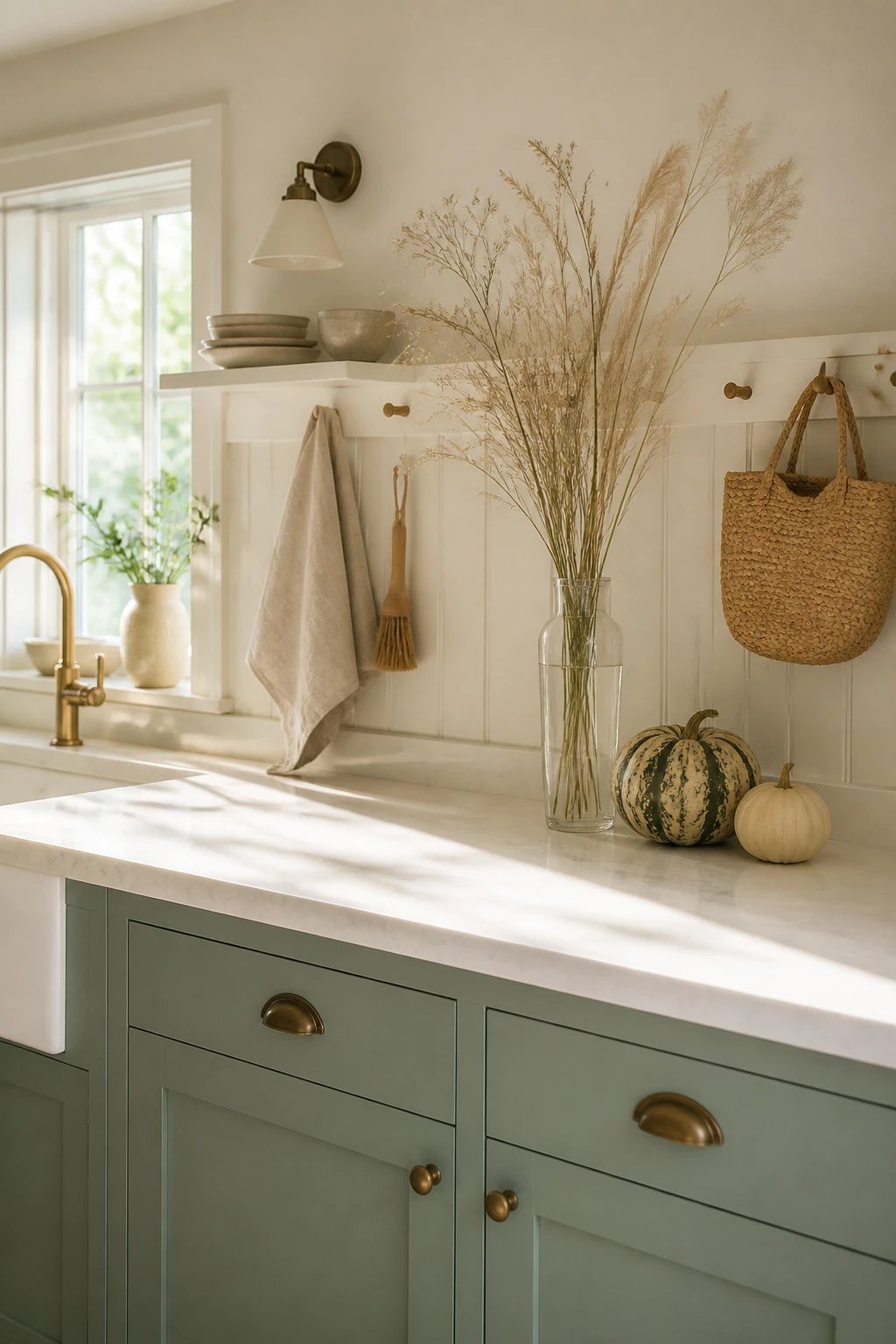 A panoramic kitchen counter view showing a cohesive palette: whites, creams, and soft greens, a slender glass vase with dried grasses, a couple of dried gourds, and a single vase or jar arrangement, with clean peg rail above and minimal decorative items, natural morning light filtering in, 16:9 photorealistic.