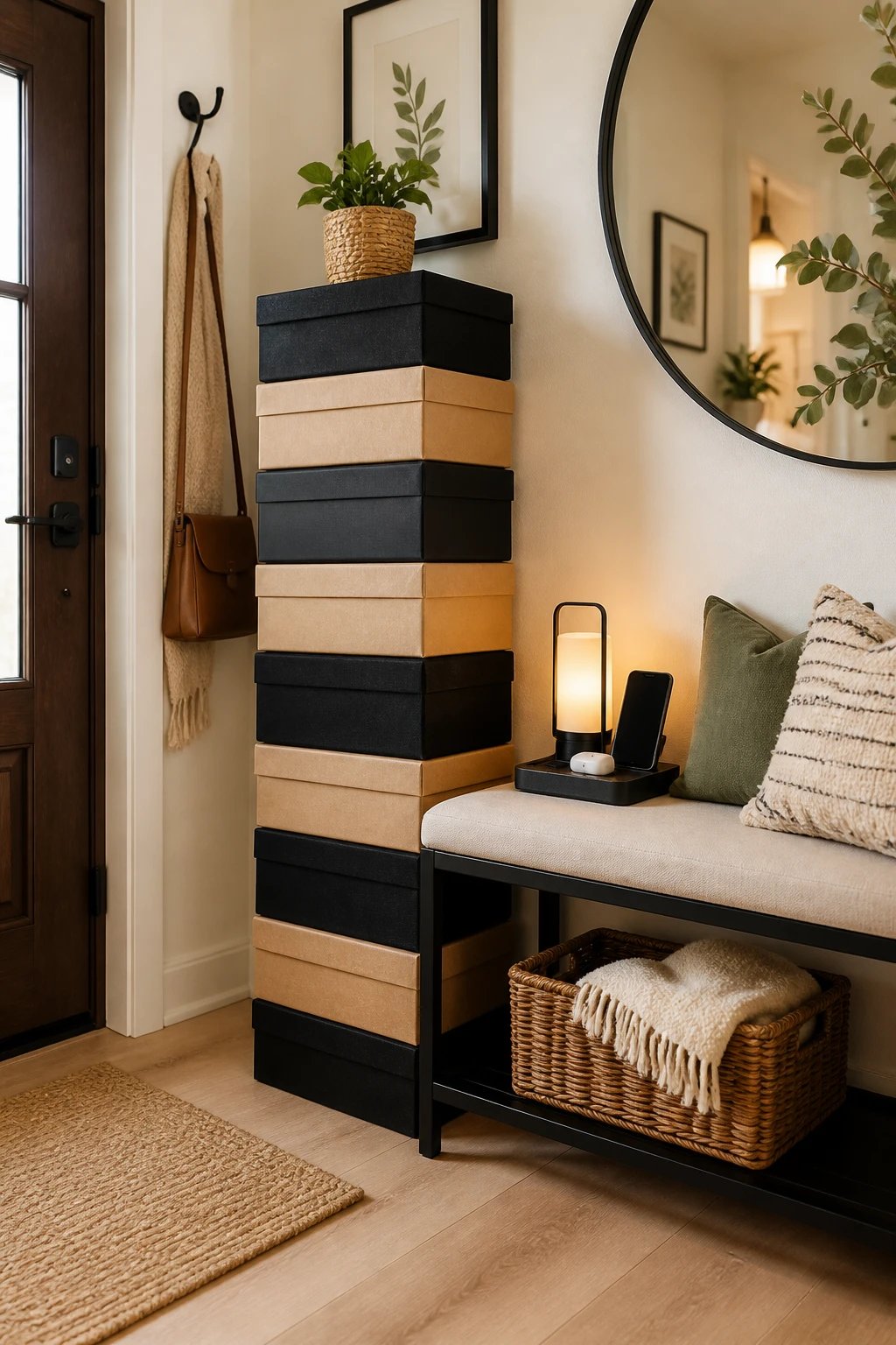 A bright, welcoming entryway showcasing a budget-friendly storage vignette: several repurposed shoe boxes wrapped in neutral kraft paper and matte black fabric, arranged into a tall tower beside a slim bench, cordless peeking tech charging station on the bench, warm ambient lighting, light wood flooring, no visible branding or text.