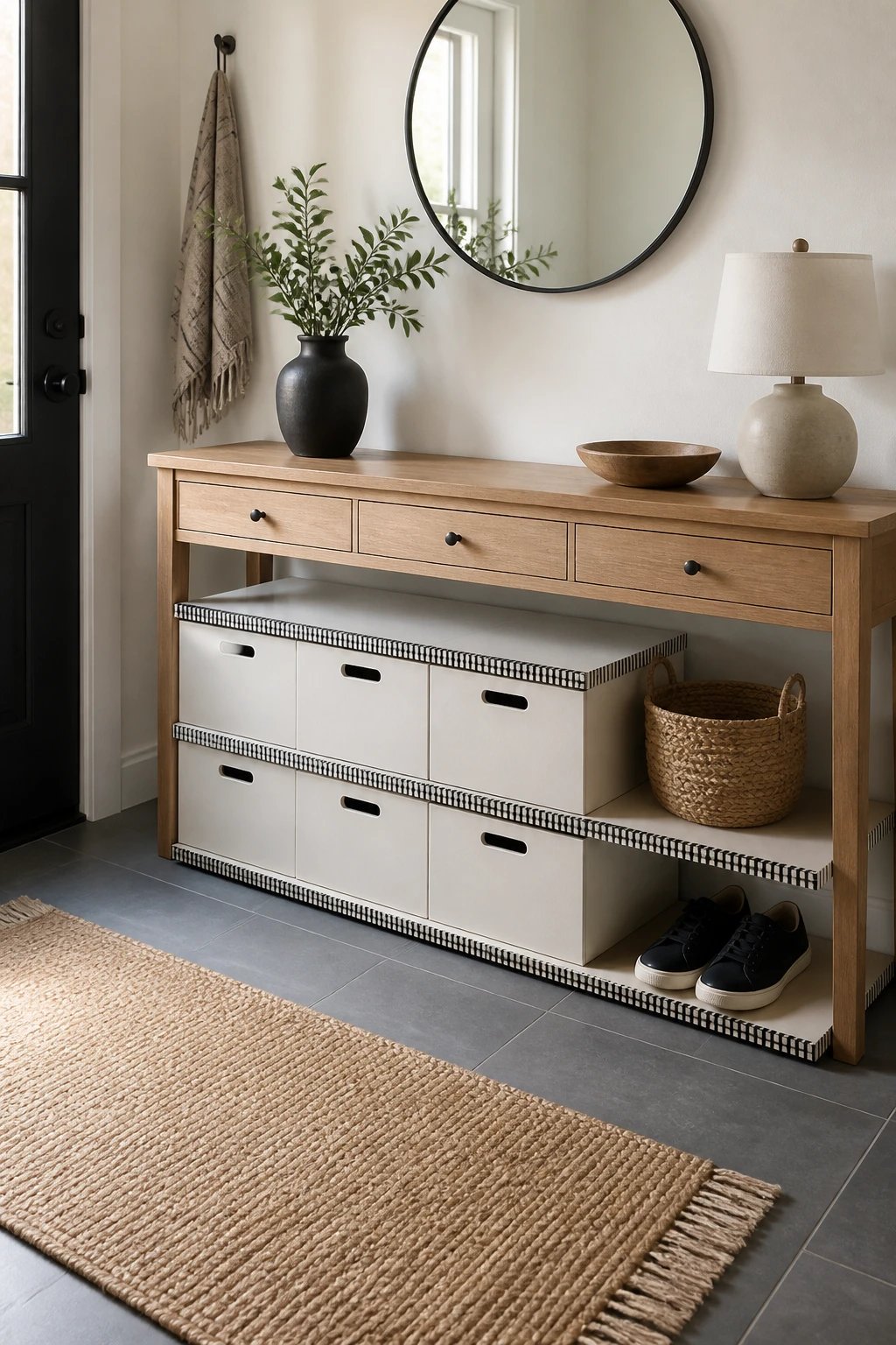 An organized entry hall featuring a low-profile horizontal cubby system: lid-face-up platform with side-slotted boxes forming a two-tier stack, thin coordinating ribbons of contact paper in black and white stripes, soft shadows, natural wood console table against a pale wall, a woven basket and a single pair of shoes neatly placed, no text.