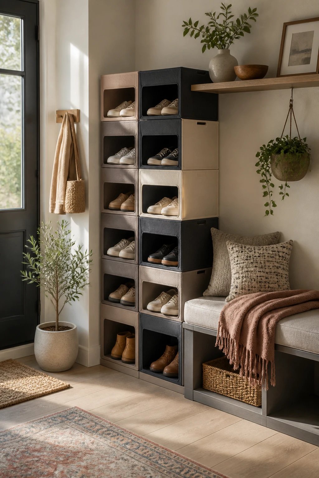 Cozy, organized mudroom-style entry area: modular stackable shoe compartments built from colorful but coordinated boxes (muted tones: taupe, charcoal, cream) wrapped in fabric, secured with hidden adhesive, placed beside a compact shoe bench and a small shelf with a few decorative items, soft daylight streaming in, no text.