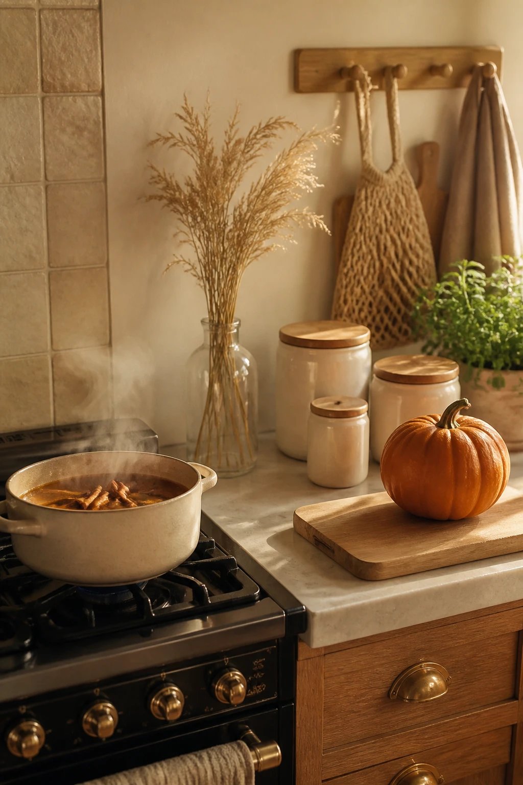 2. A warm, cozy kitchen counter reset: a ceramic canister set in cream tones, a sprig of dried grasses in a narrow glass vase, and a single pumpkin placed on a light wood cutting board, with a subtle green herb plant and a clean, uncluttered peg rail; soft autumn sunlight casting gentle shadows, 16:9 photorealism.